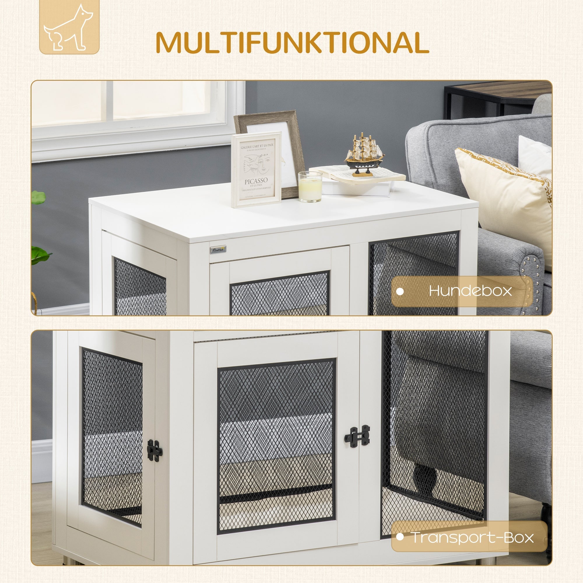 Dog Cage with Table Top, Cushion, 2 Doors, White+Black