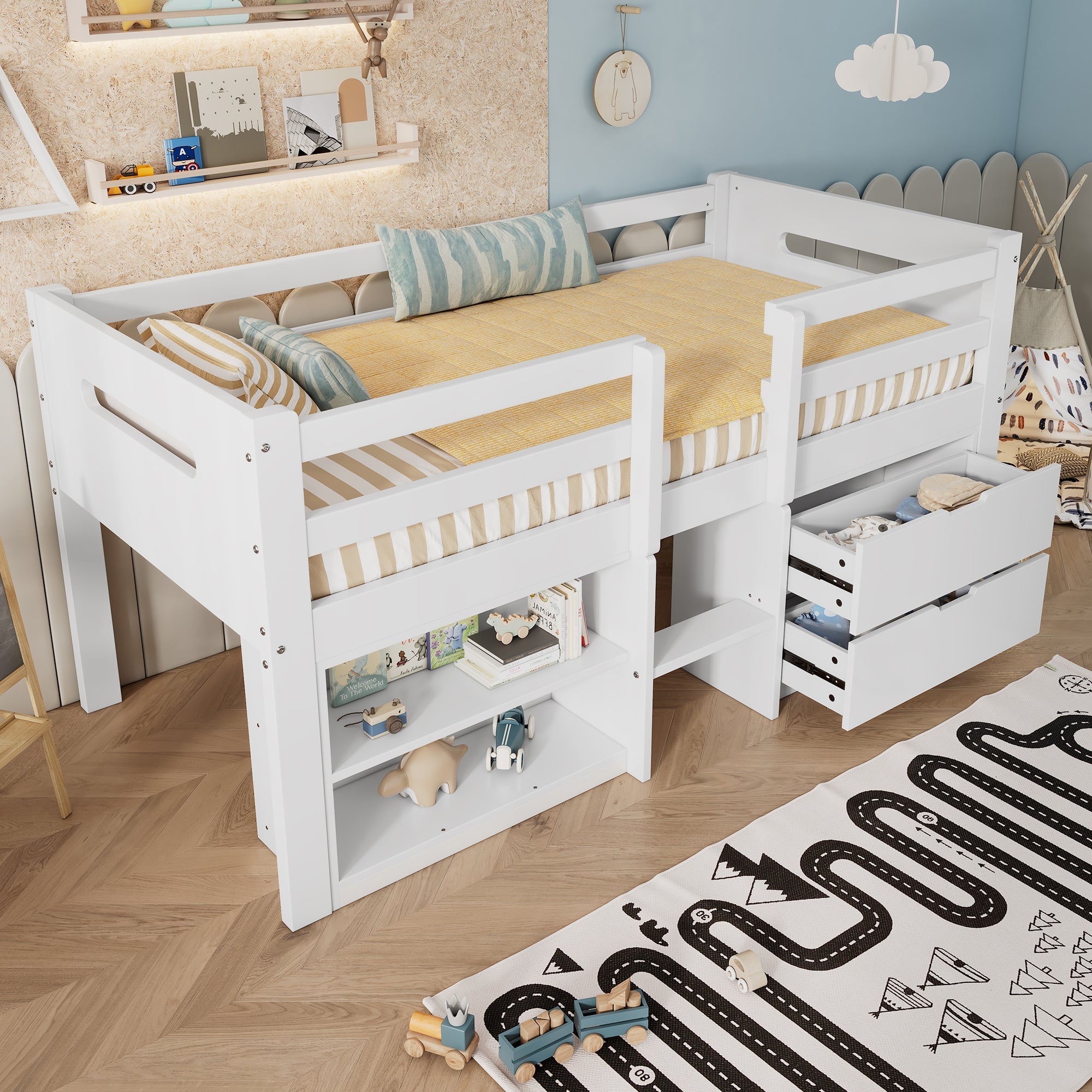 Wooden Storage Bed, 3ft Single with Drawers and Safety Guardrail, White