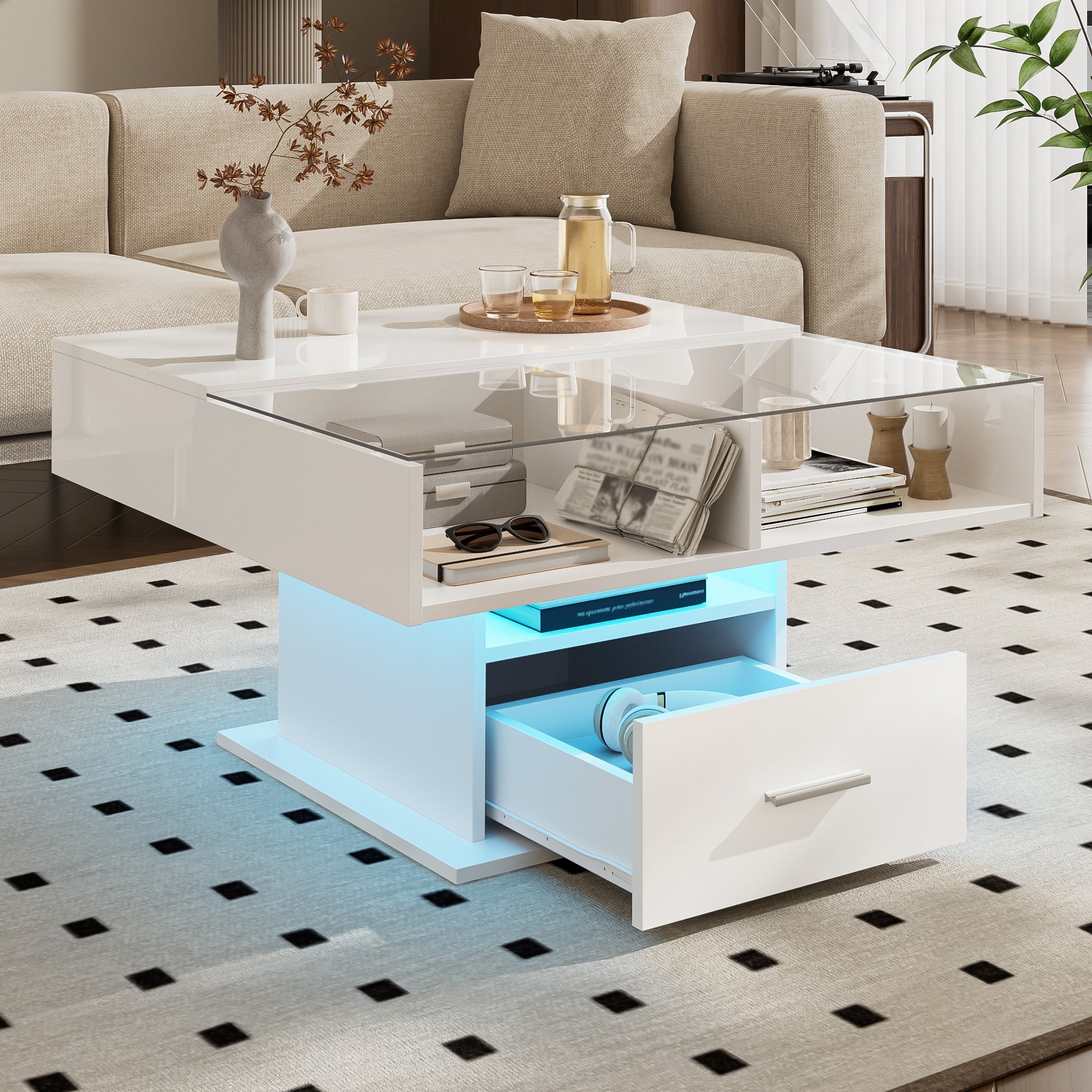 Multifunctional high-gloss lift coffee table with LED lighting, adjustable height & flexible storage space, modern design
