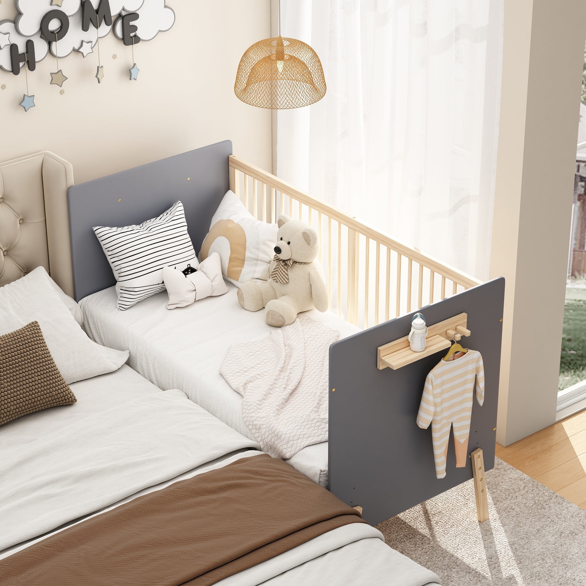 Solid Wood Baby Bed Adjustable Children's Cot/Sofa Bed 3-Stage Height Blue-Grey Natural Wood