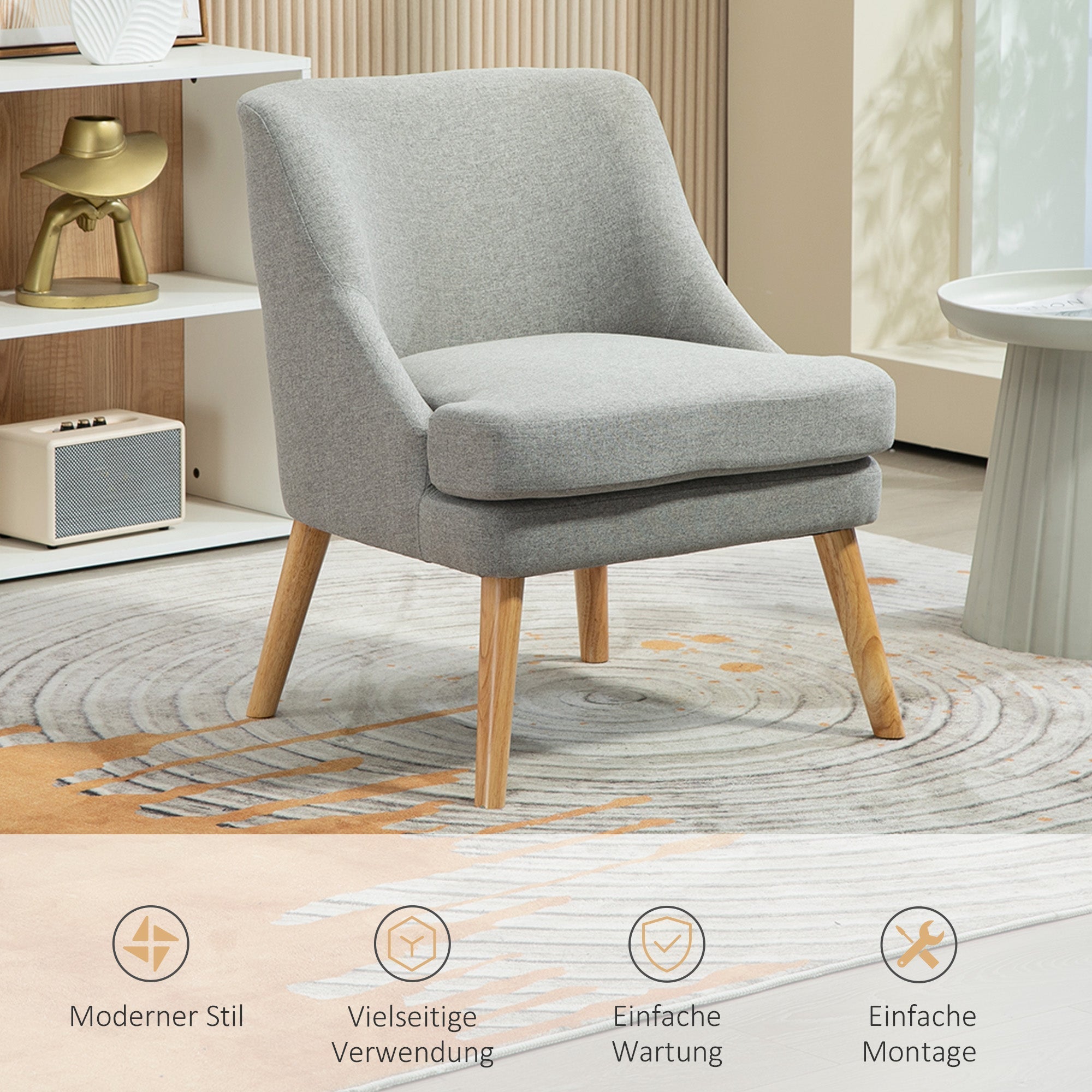 Armchair Lounge Chair, Upholstered with Armrest, Wooden Legs, Light Grey