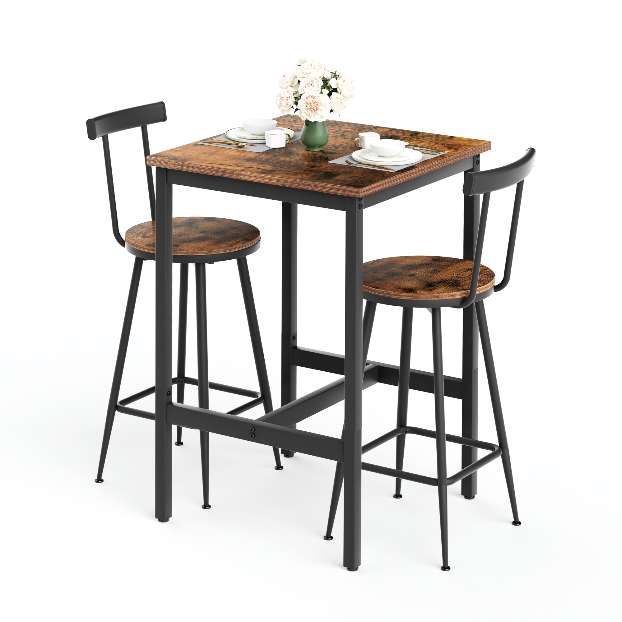 Industrial Bar Table and Stool Set with 2 Chairs and Metal Frame, Rustic Brown