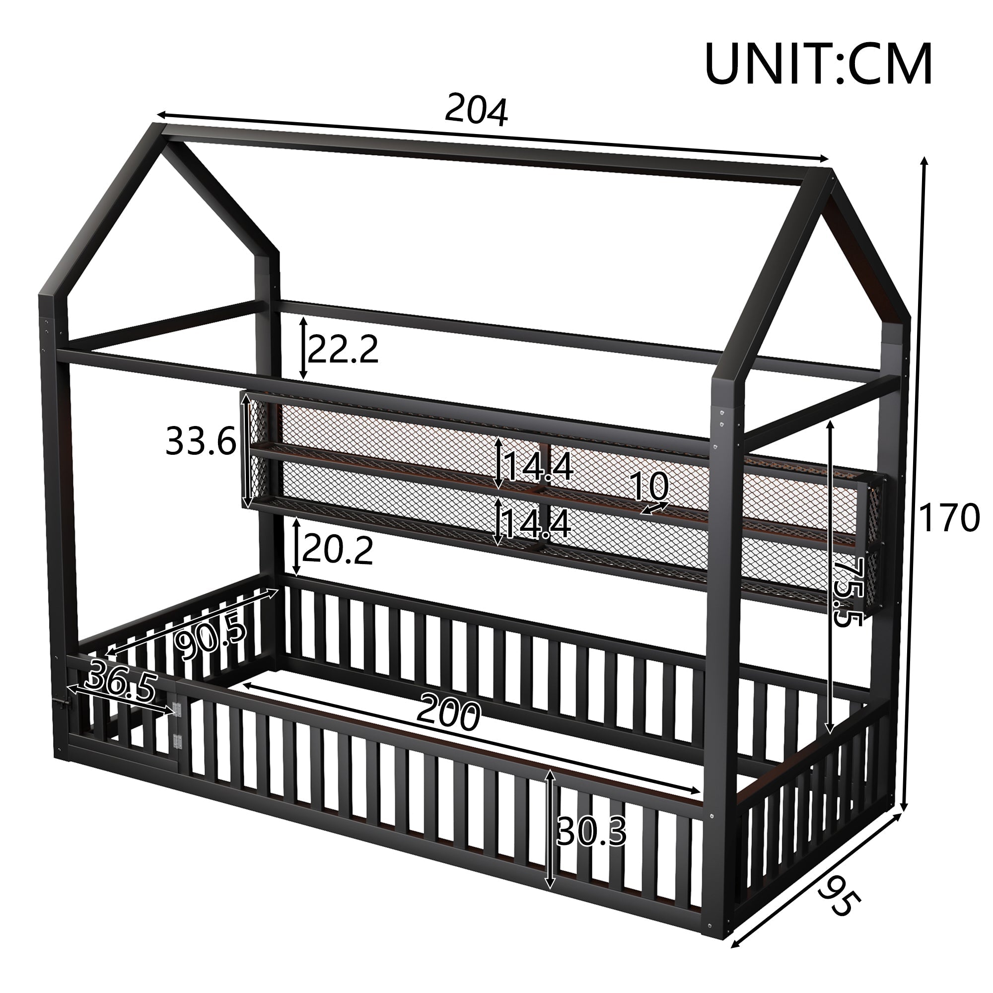 House-shaped Platform Bed 90x200 with Fence LED Lighting Black