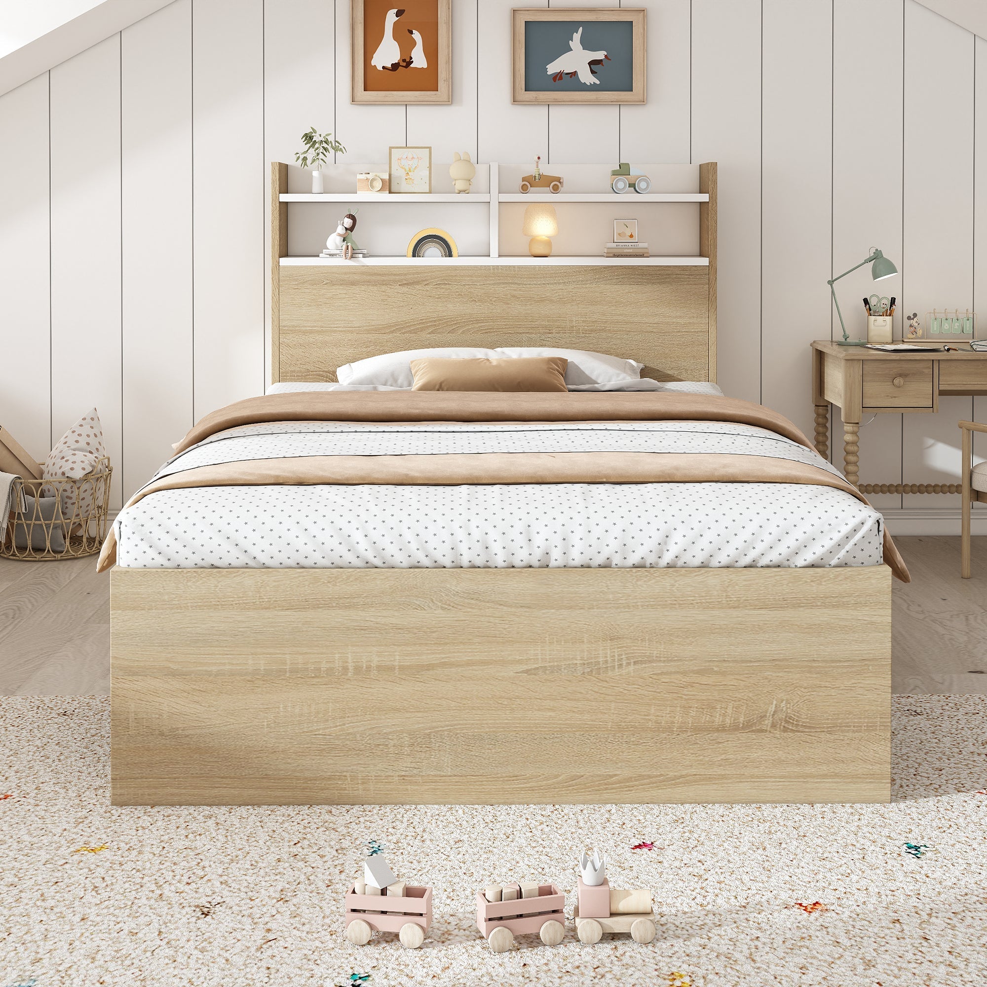 Wooden Single Bed 90x190cm Storage Bed with 2 Drawers Headboard Shelf White/Oak