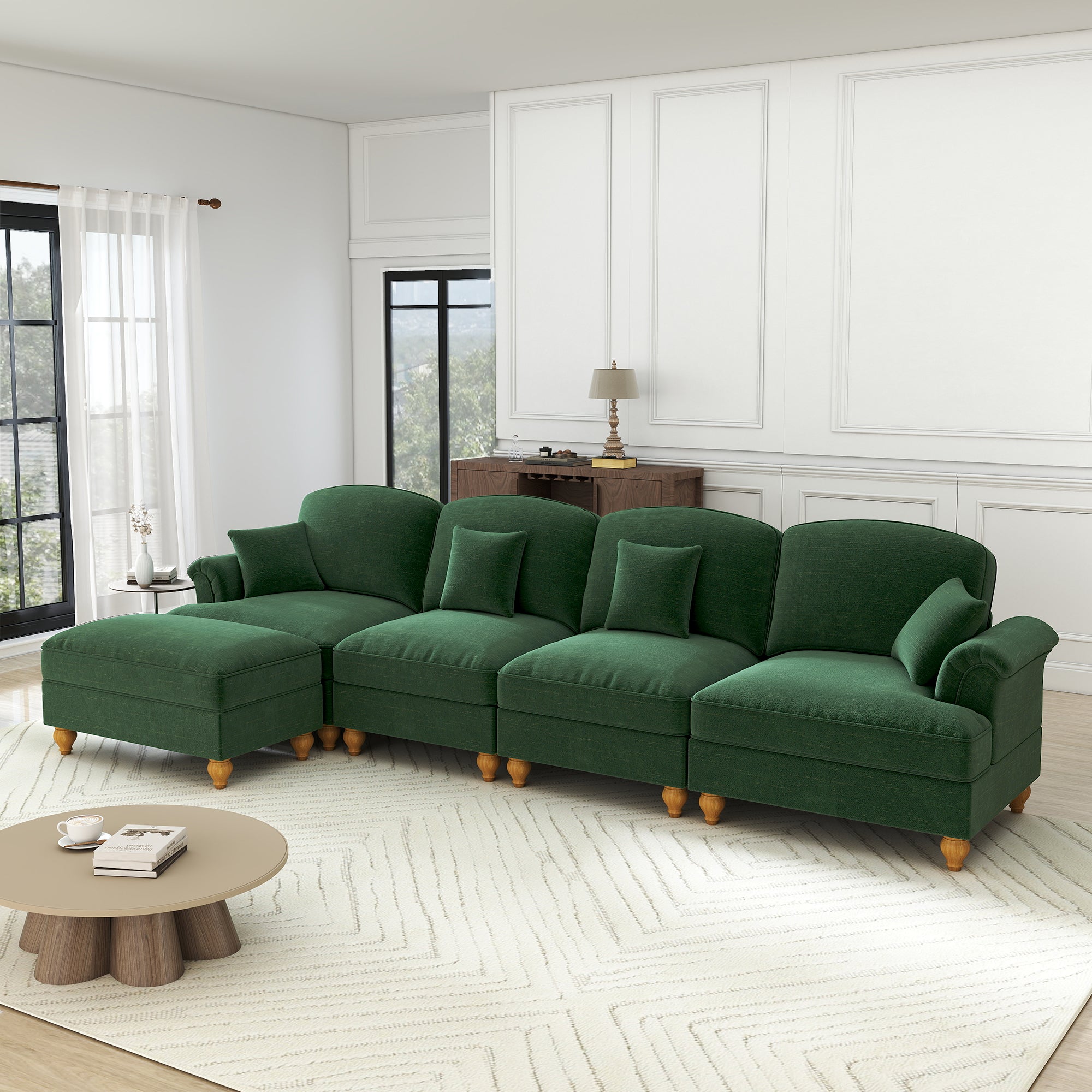 Classic Modular L-Shaped 4-Seater Sofa w/ Movable Ottoman Deep Seat, Chenille Green
