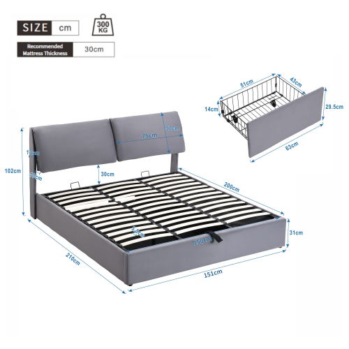 Upholstered Bed, King Size 5ft (150x200cm) with Hydraulic Lift, 3 Drawers & Storage Box, Velvet Grey