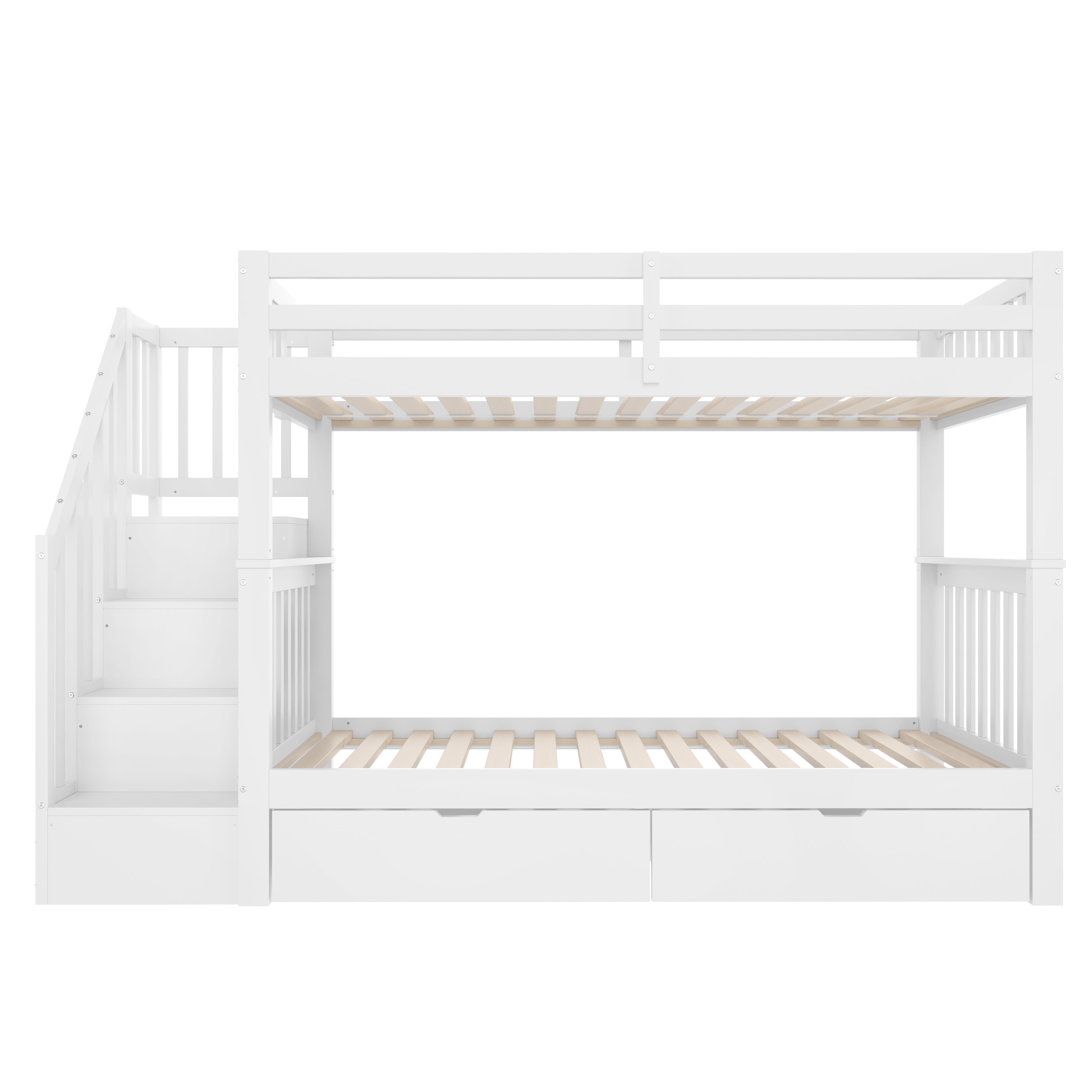Bunk Bed with Stair Shelf and Two Storage Drawers, 90x200cm, White Pine Wood and MDF