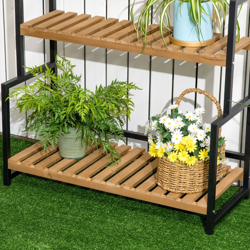 Plant Stand with 3 Tiers and Mounting Hooks, Natural Wood