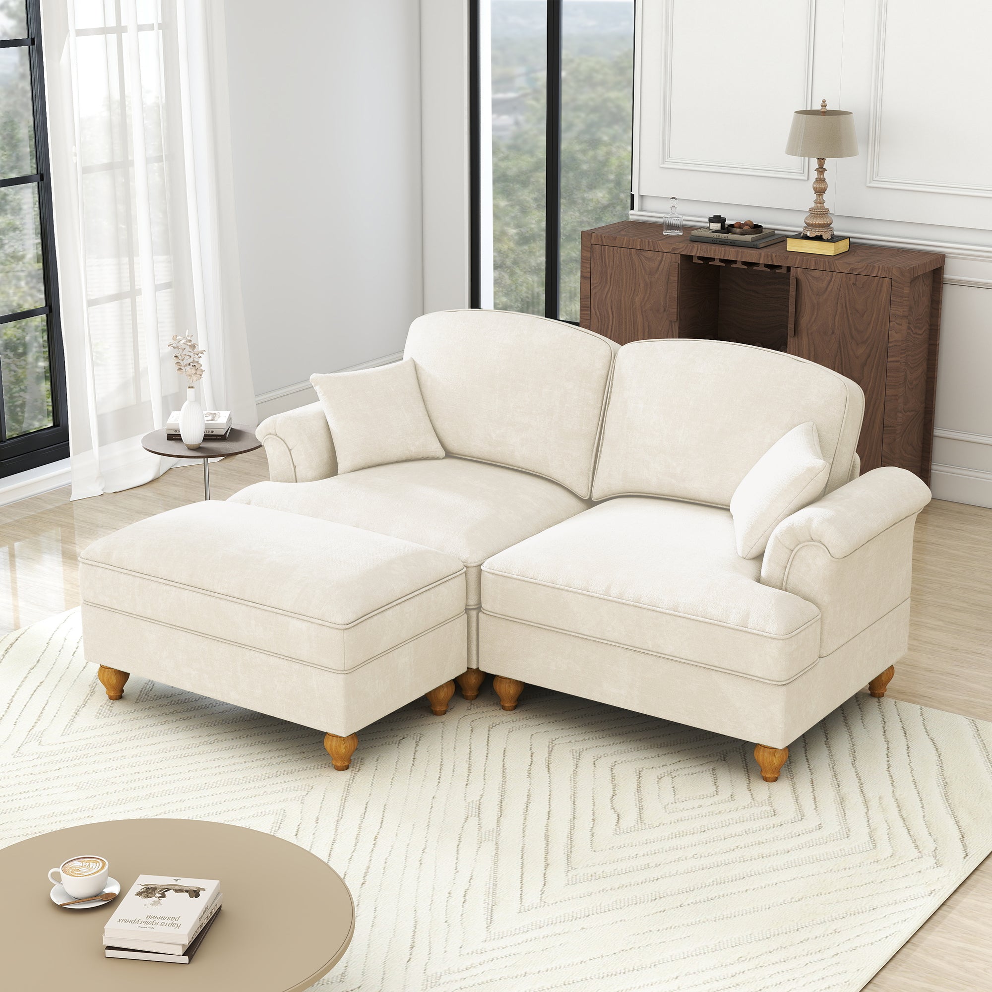 Modular L-Shaped Sofa 2-Seater Mid-Century Ottoman - White Chenille