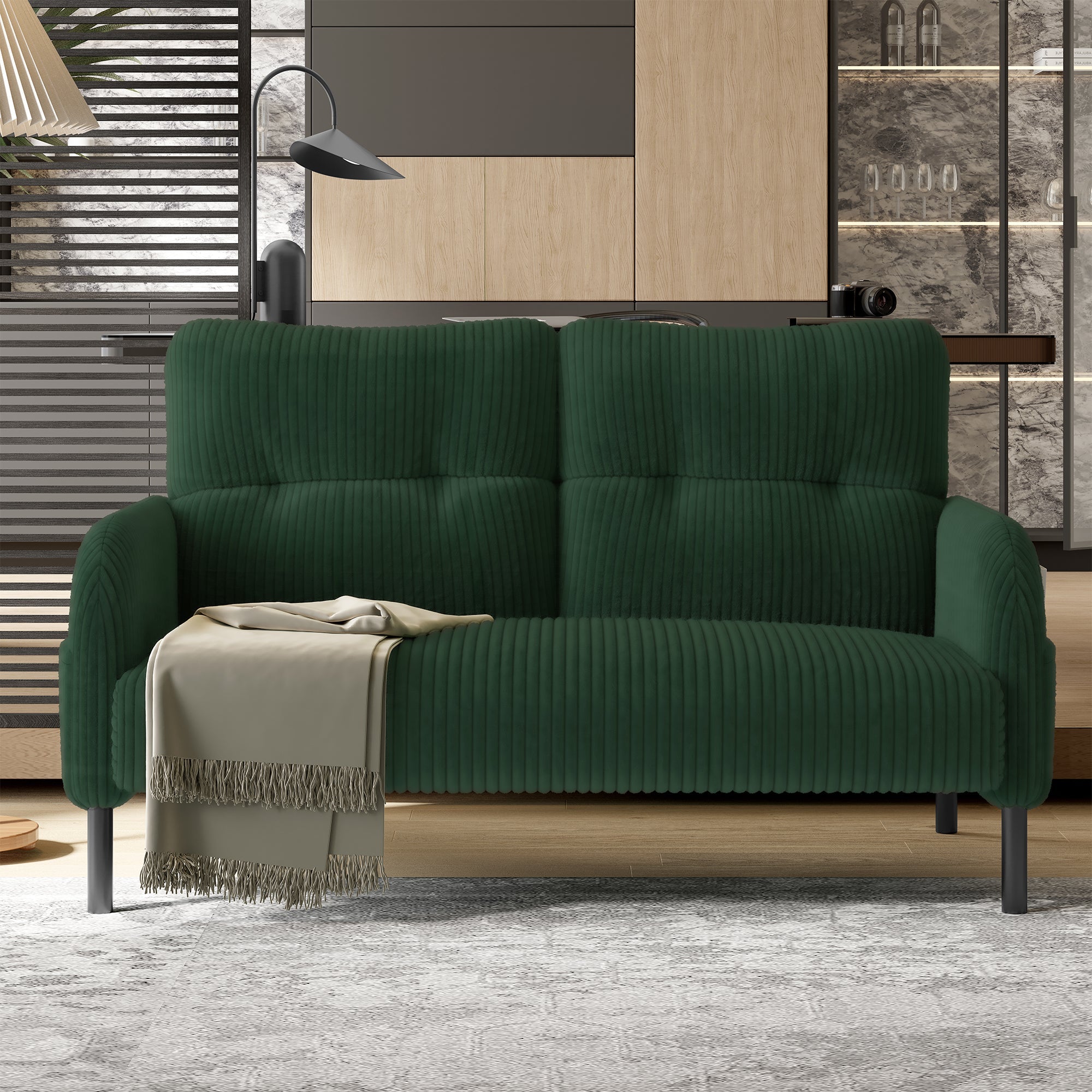 Two-Seater Sofa, Comfort Padding High Backrest Side Pockets Metal Feet, Corduroy