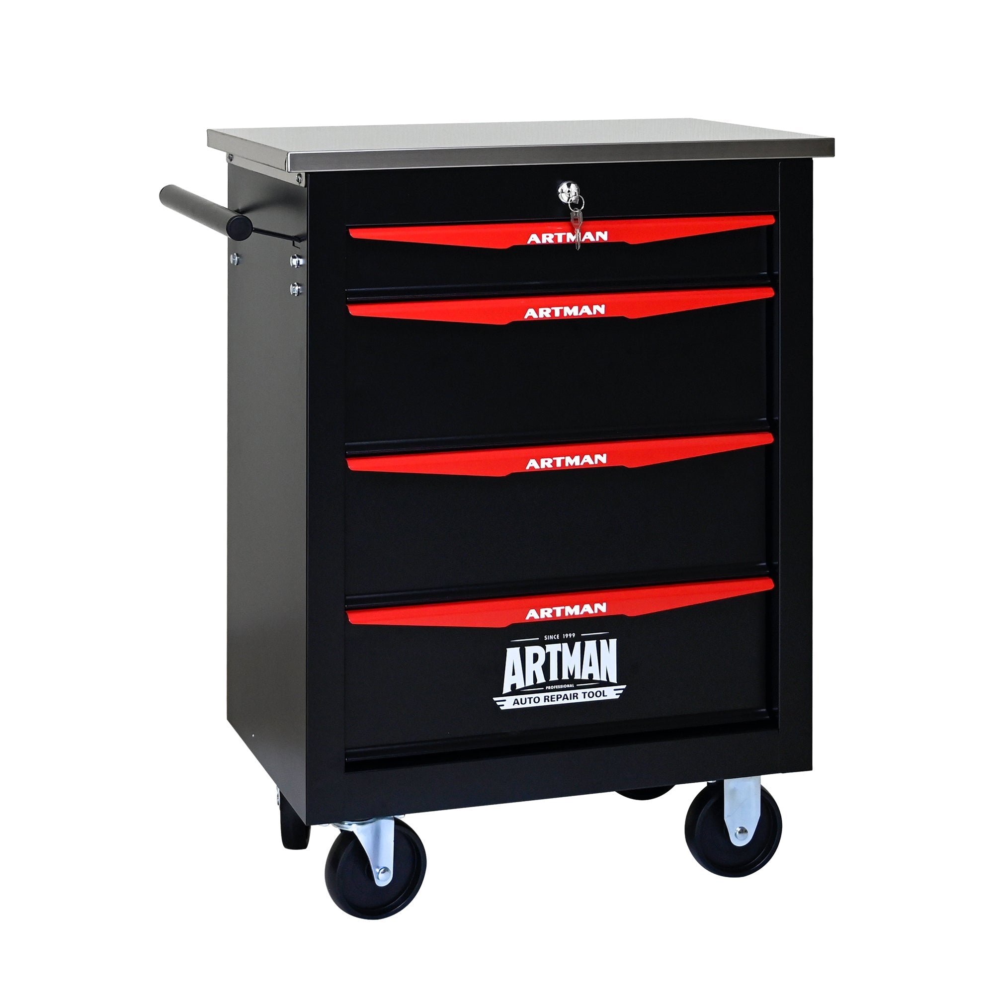 Tool Trolley 4-Drawer Metal Rolling Storage with Stainless Steel Roof Black & Red