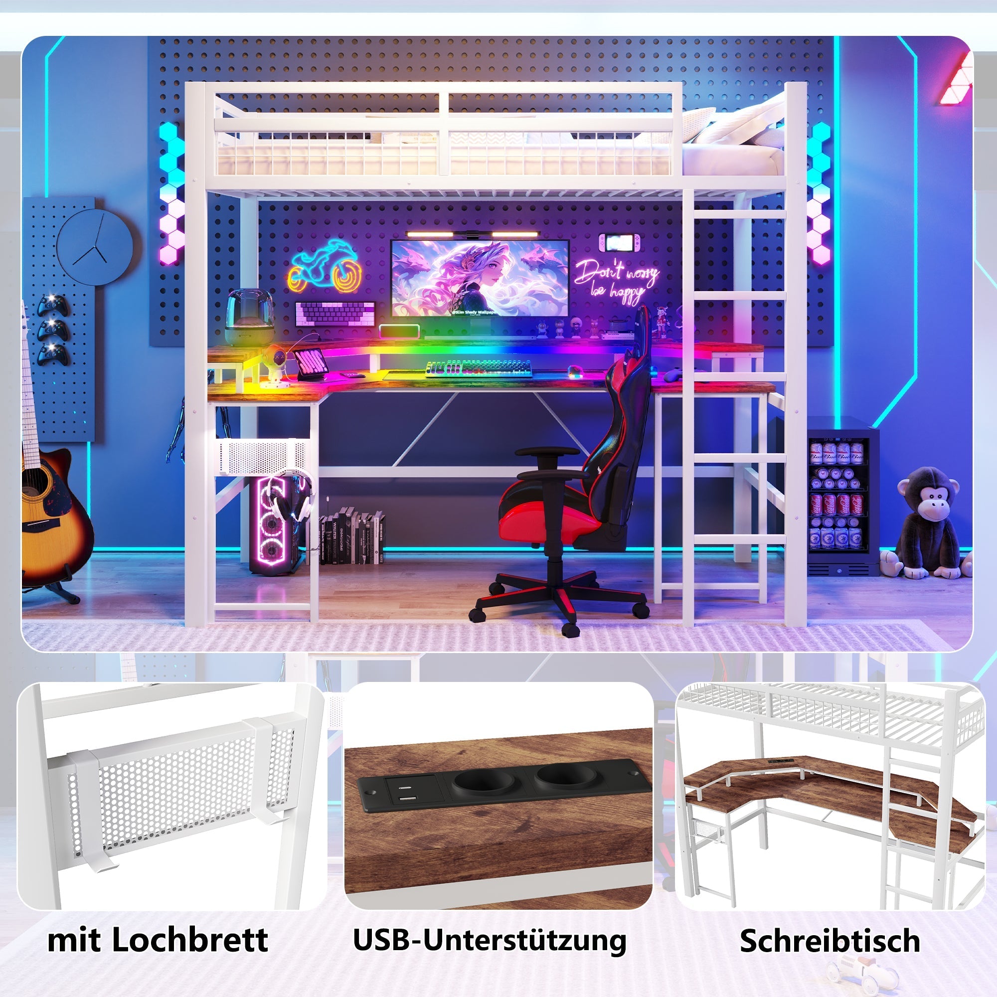 Loft Bed with Desk and LED Lights, USB Ports and Pegboard, White Iron Frame