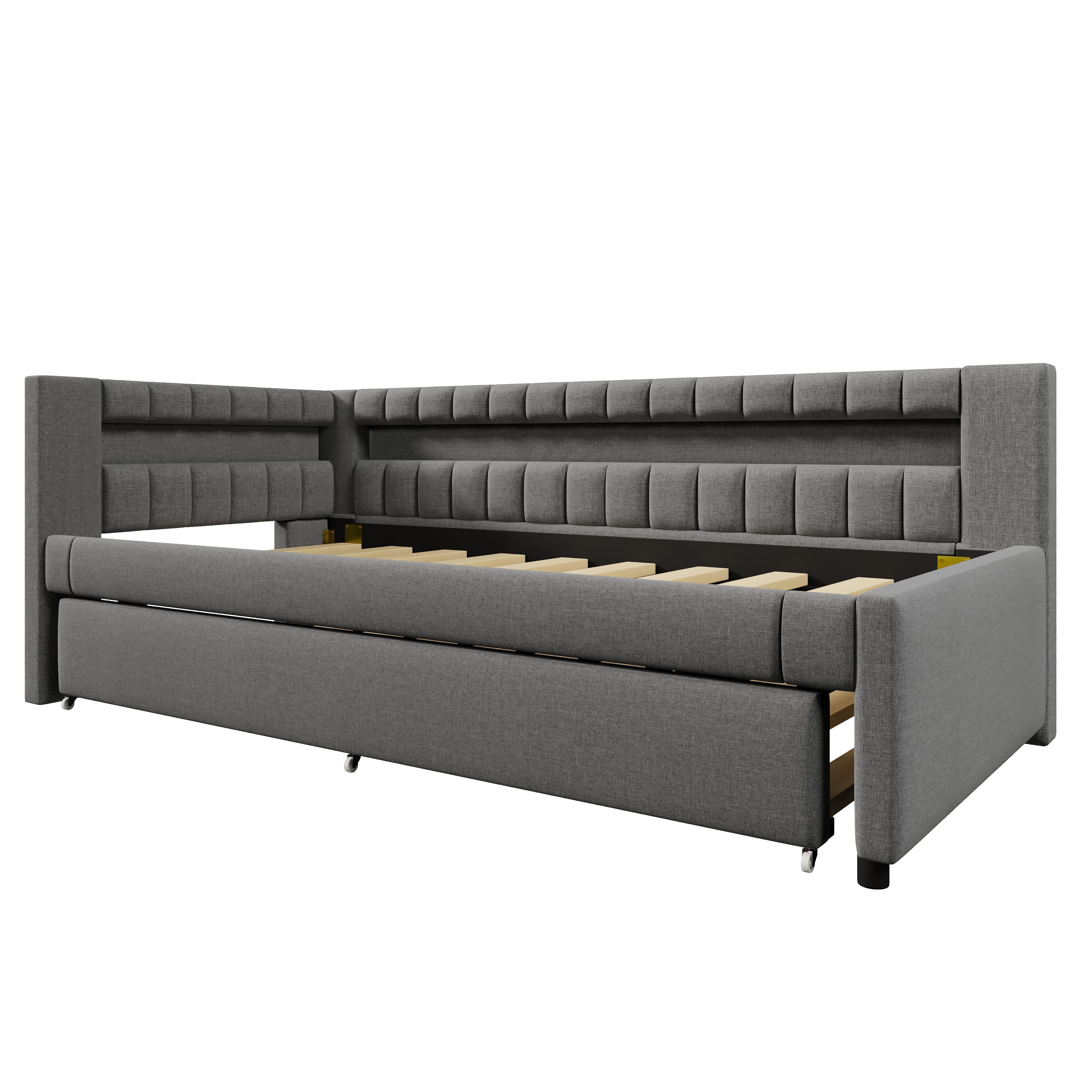 Daybed Sofa Bed 90x200cm Pull-out Bed LED Light USB/Type-C - Linen Grey
