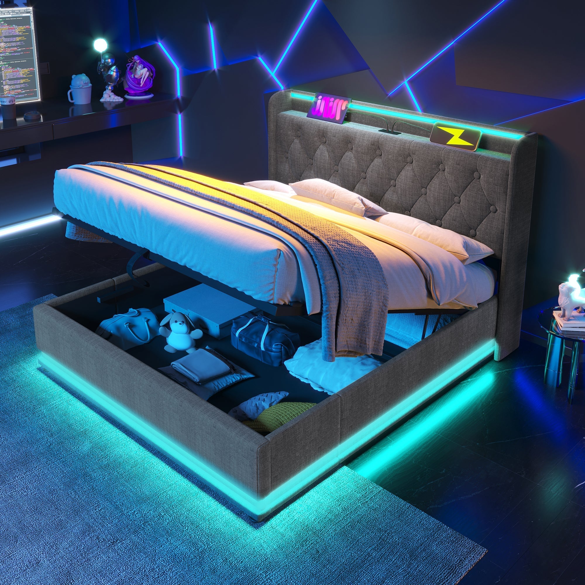 Upholstered Bed Double, 360-Surround LED, Hydraulic Storage, USB-C Charging, Gray Linen