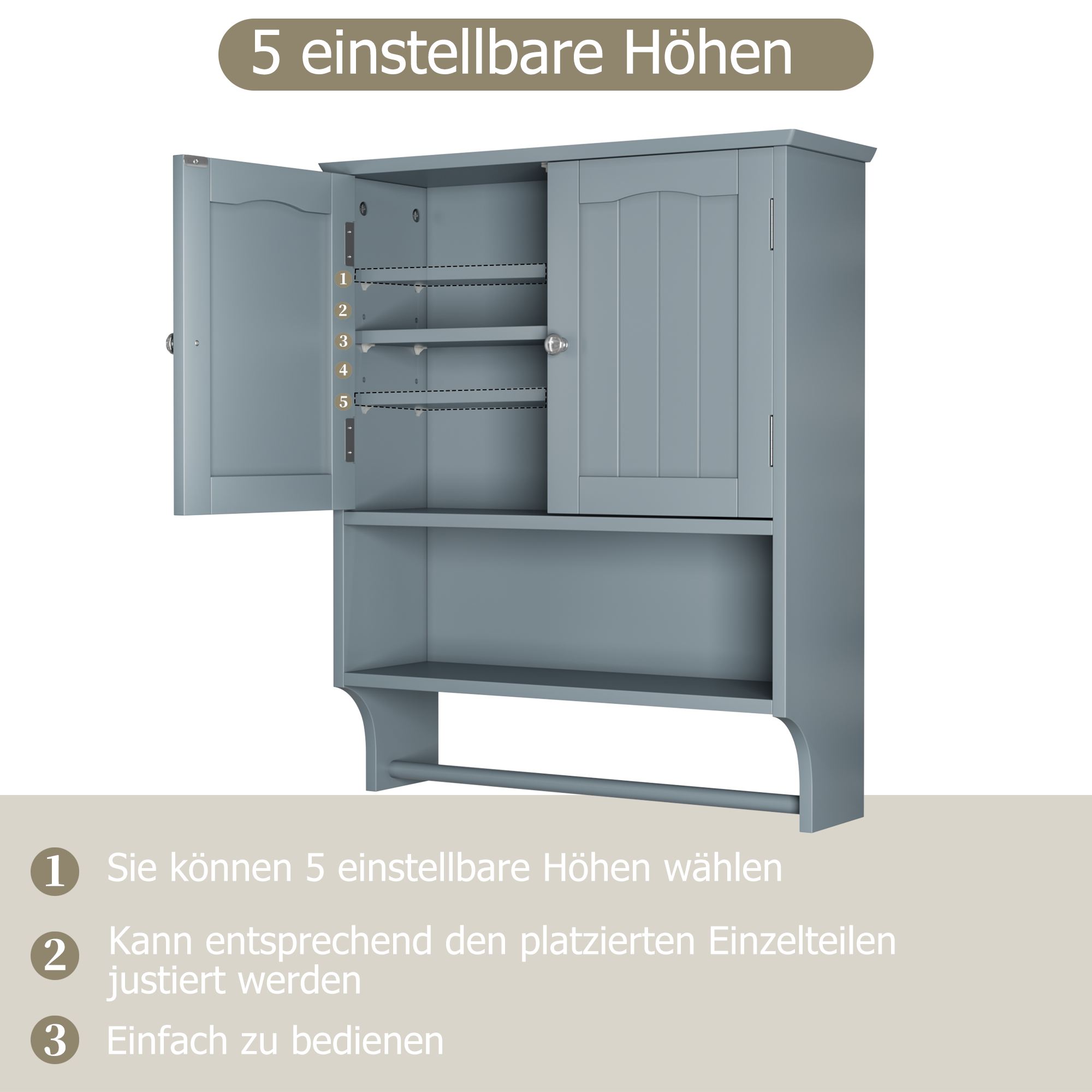 Bathroom Wall Cabinet, 2 Doors, Open Shelves & Towel Rail, Grey