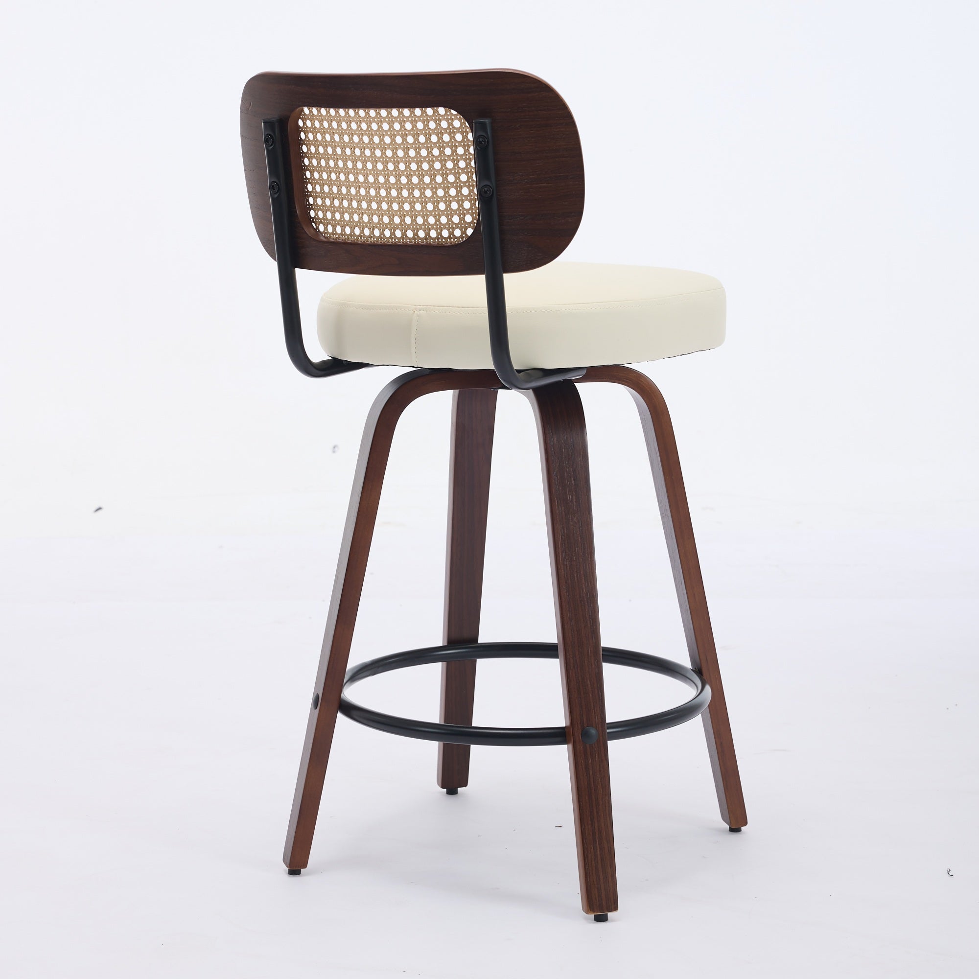 Set of 2 Counter Height Bar Stools, 26 Inch Swivel Rattan Cane Back with Upholstered Seat, Walnut and Beige