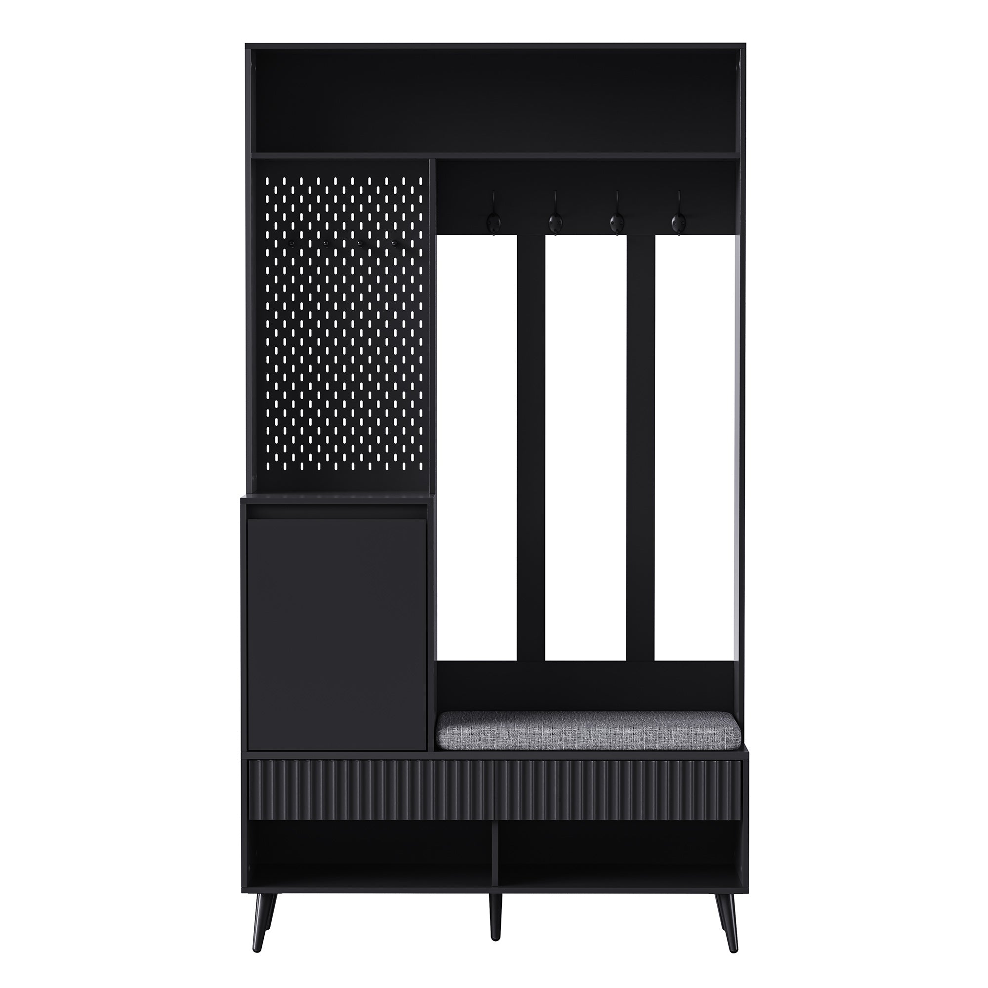 Wardrobe set with shoe bench, 4 coat hooks, two drawers, 1 door, black