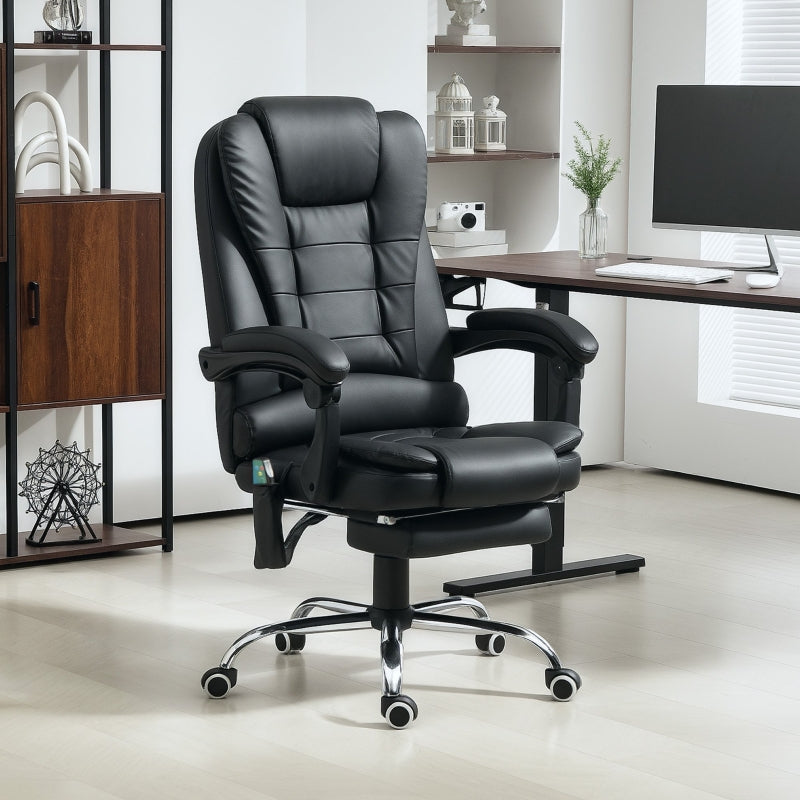 Office Chair, 6 Point Massage Heat Footrest Adjustable Reclining Swivel, PU Leather Black