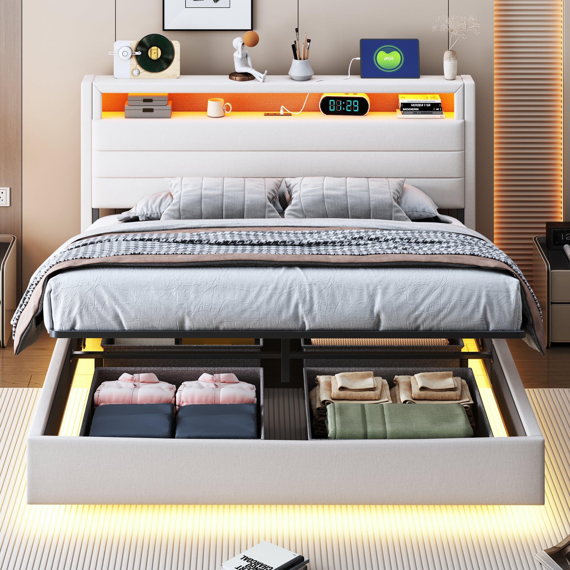 Upholstered Bed 140x200 cm with Hydraulic Storage, USB & LED Light, Reversible Headboard, Linen Beige