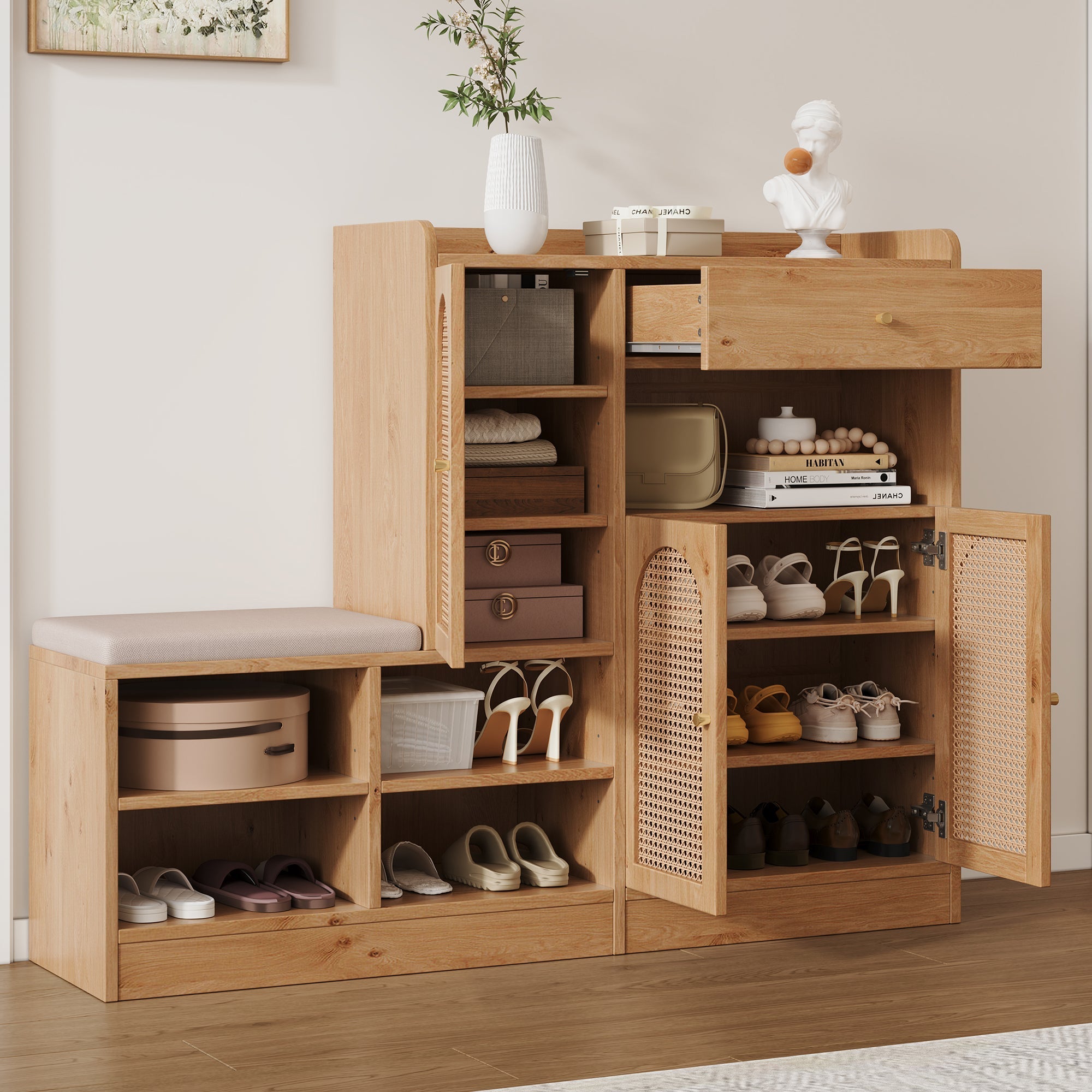 Shoe Cabinet with Upholstered Bench, 3 Rattan Doors and 1 Drawer, Wood Look