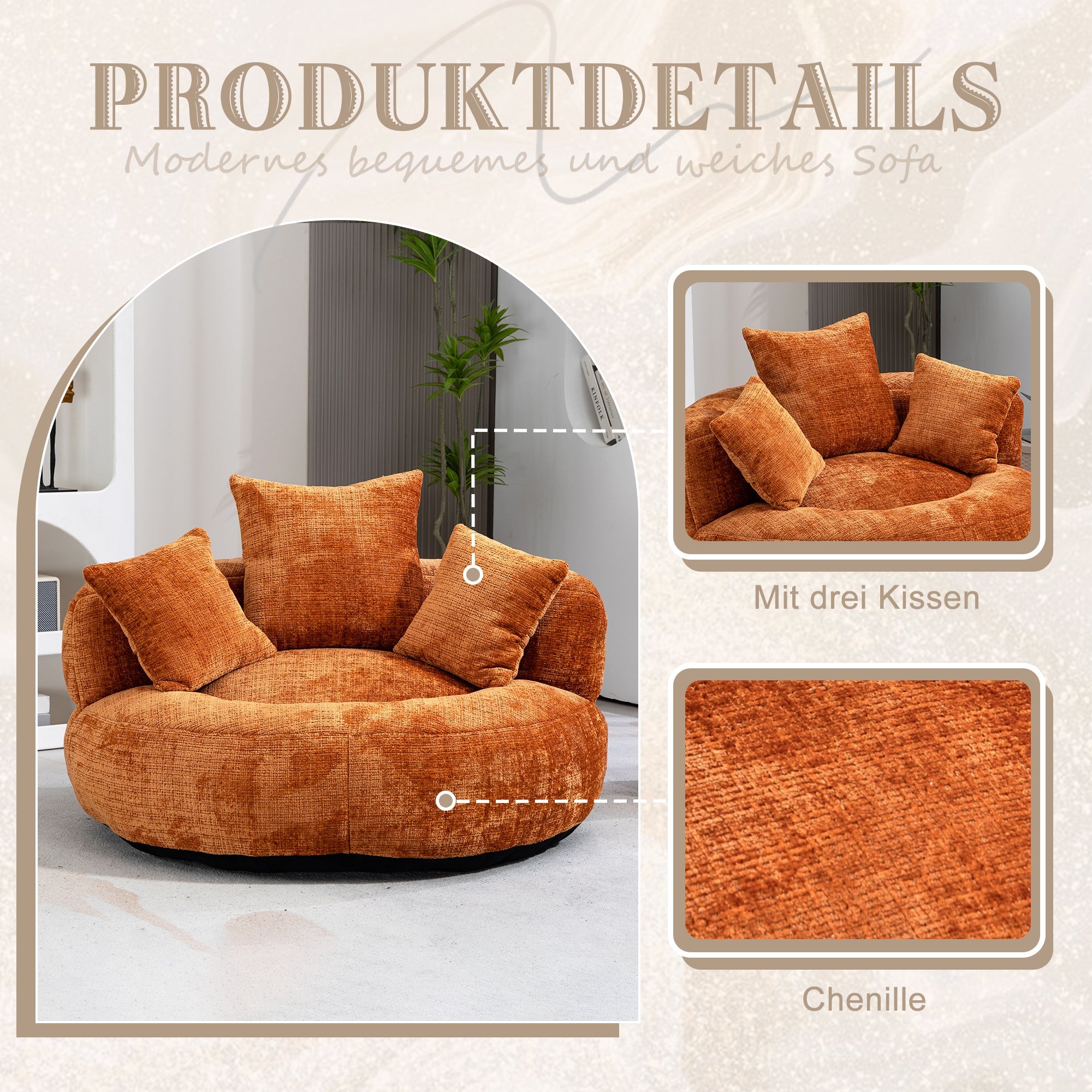Lazy Sofa High Back Bean Bag Chair Couch, Durable Comfort Indoor/Outdoor, Orange Chenille