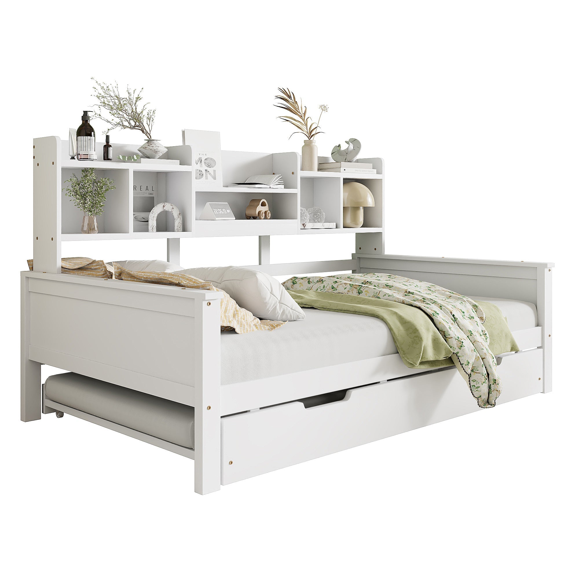 Extendable Sofa Bed 90x200CM Storage Pull-Out Bed, Pine Solid Wood White