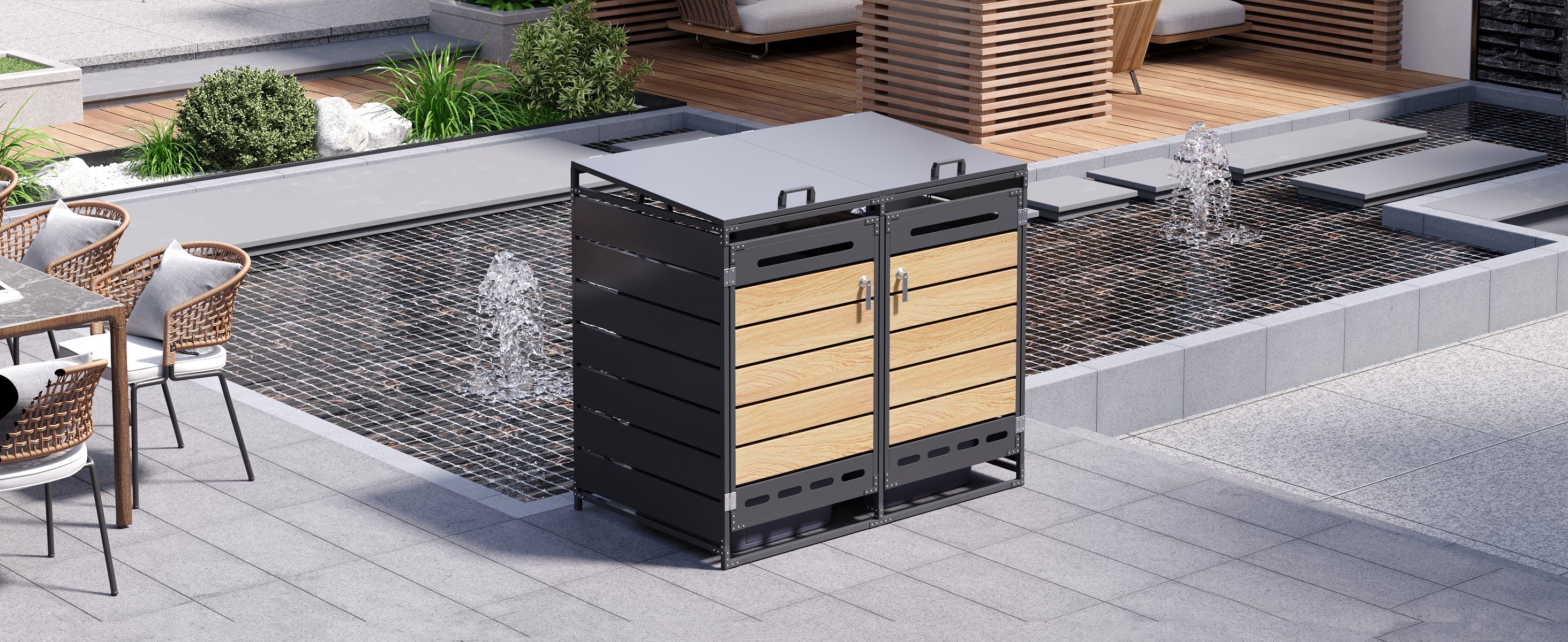 Bin Storage Unit with Hydraulic Lid and Slotted Ventilation, Iron with Wood-Look Cladding
