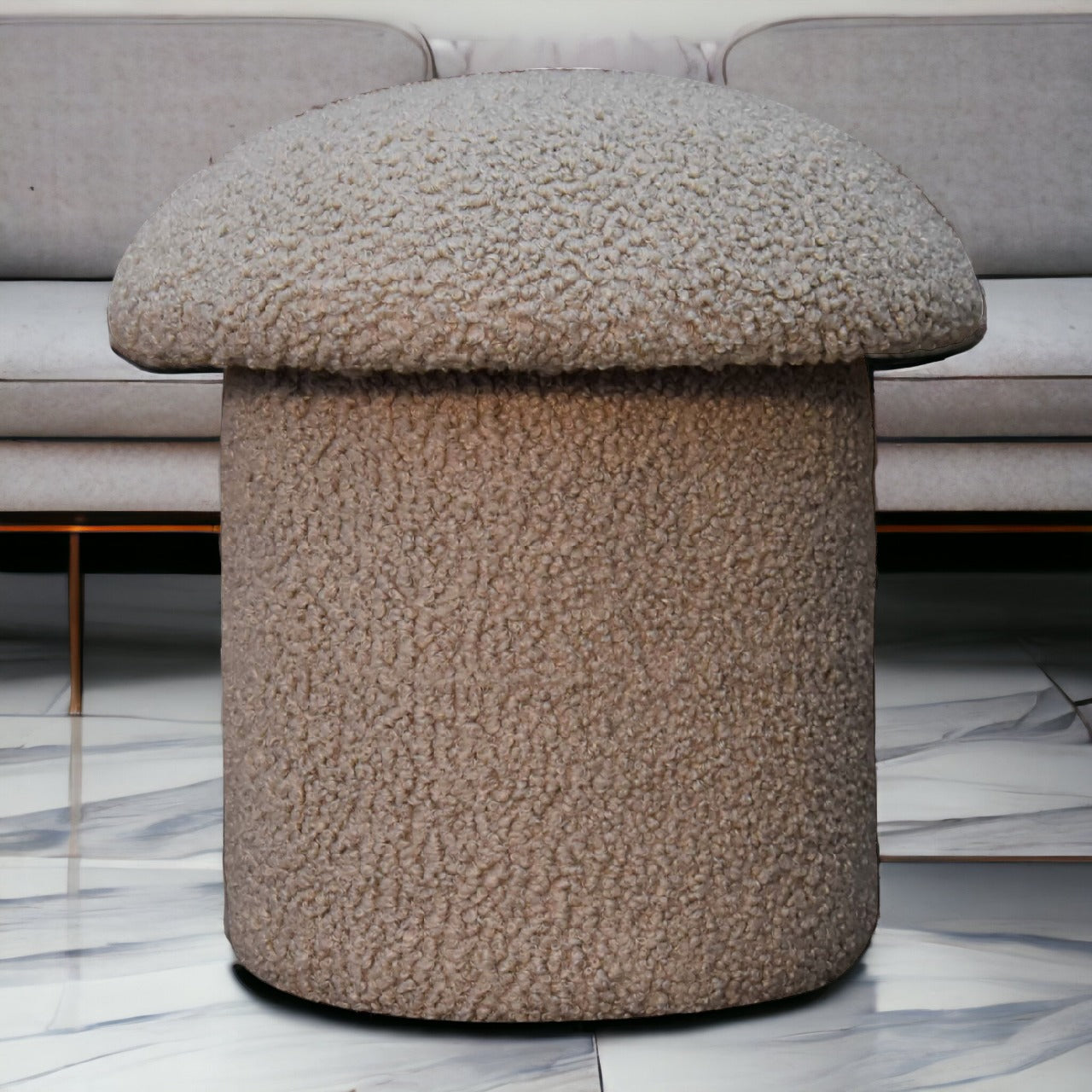 Mushroom Footstool Upholstered Solid Wood Boucle Fabric, Brown