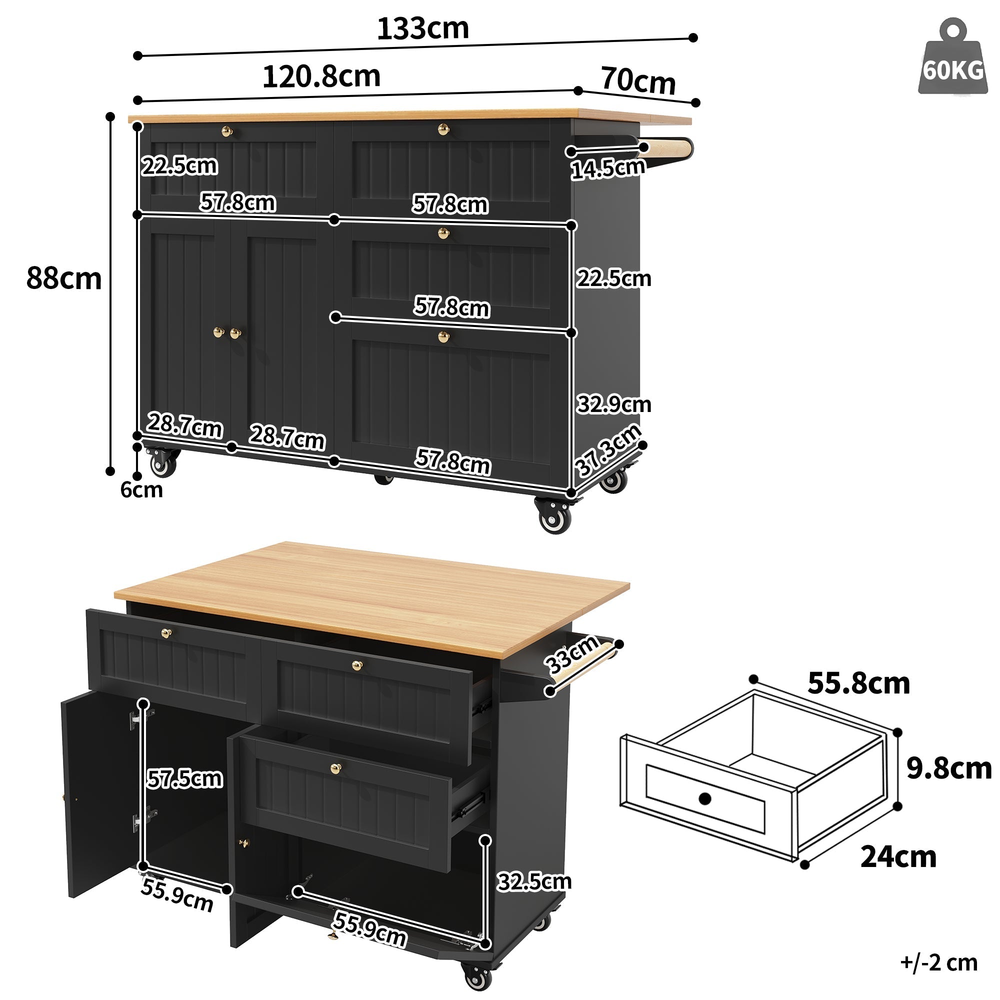 Modern Kitchen Island Dining Table Multifunctional with Storage Wood Grain Black