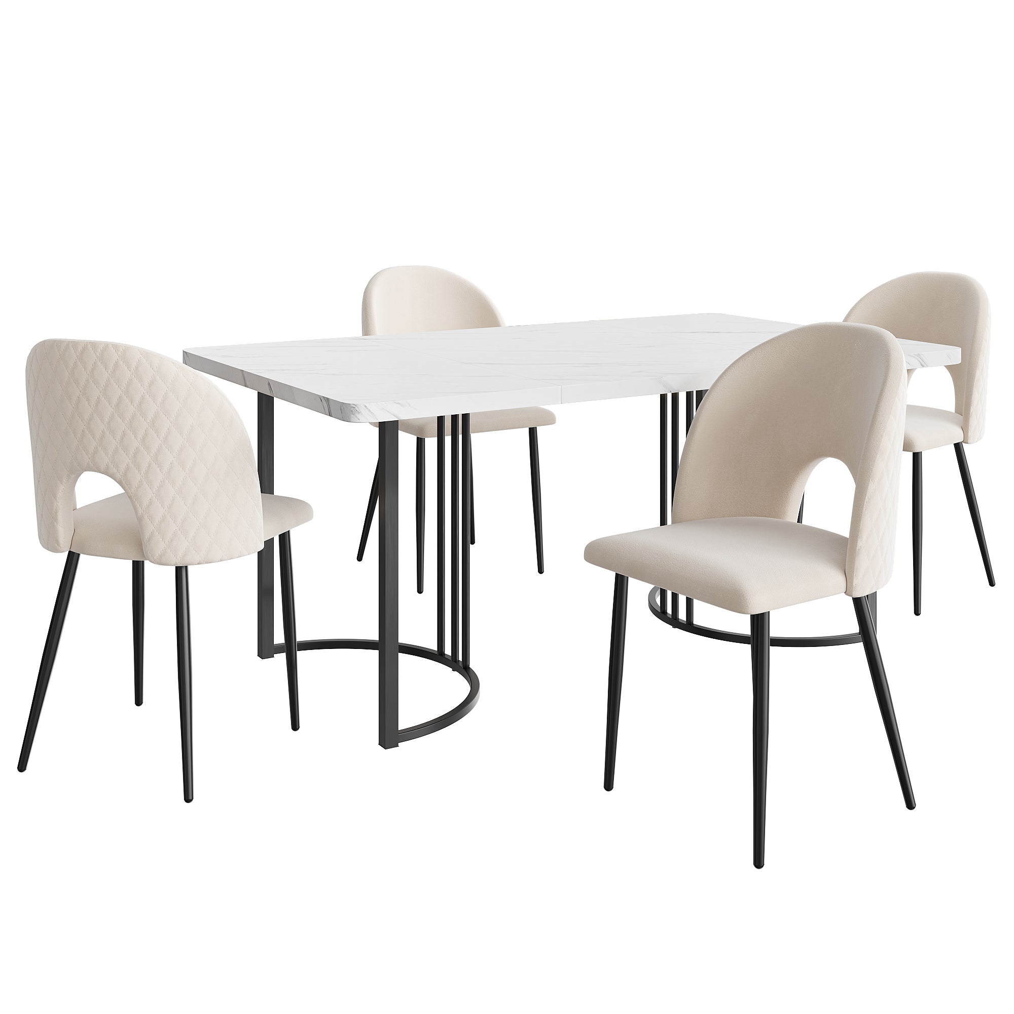 Dining Set, 140x80cm Table with 4 Chairs, Beige Velvet & White MDF