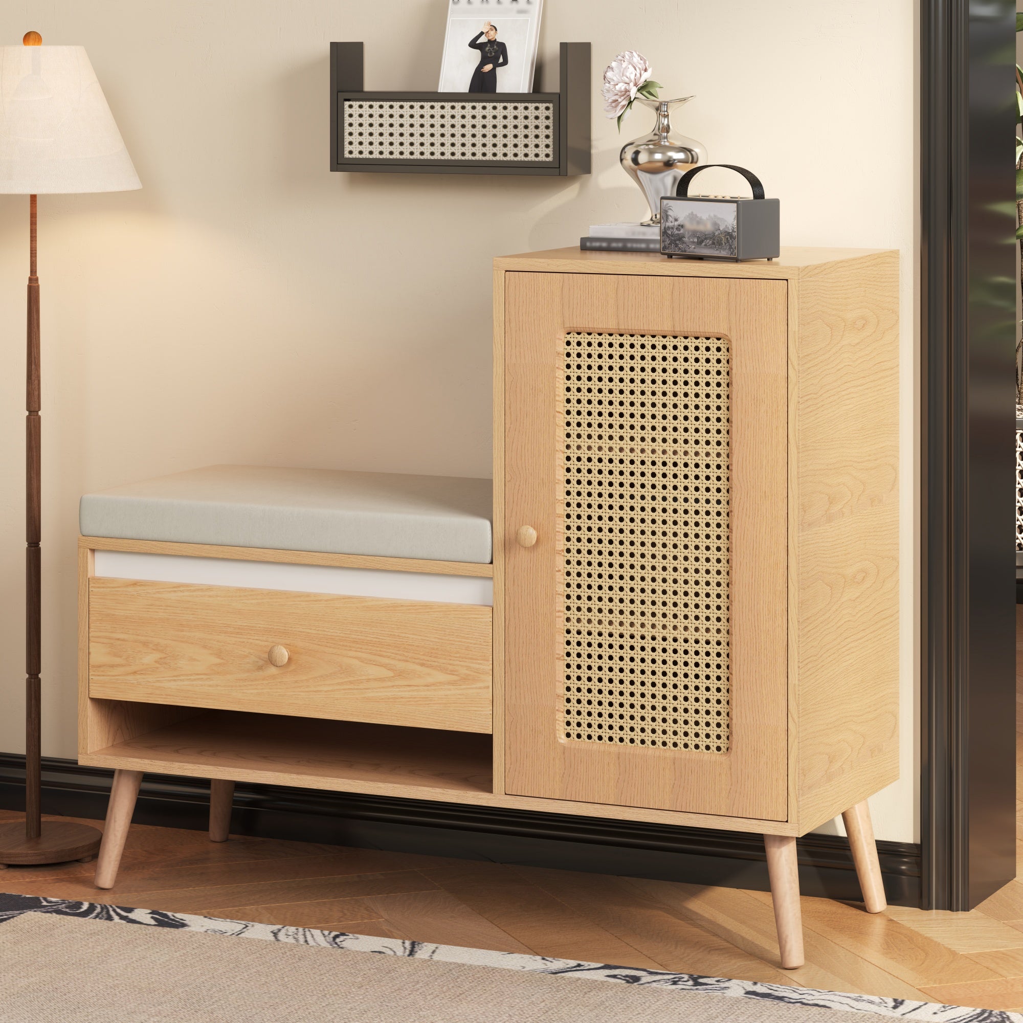 Shoe Cabinet, Entryway Bench with Storage Drawers and Seat Cushion, Rattan