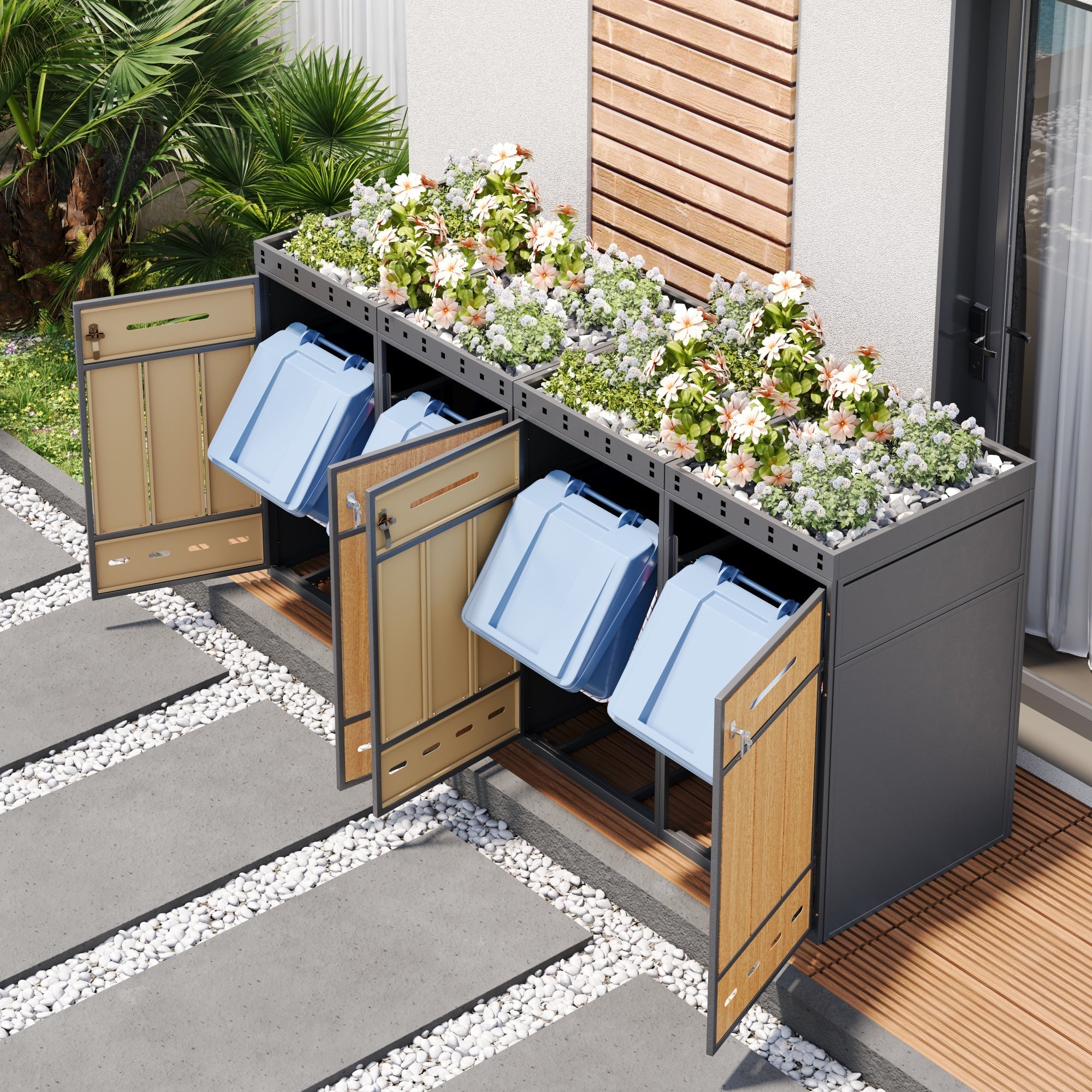 Bin Storage Unit with Green Roof for Four 120-240L Bins, Anthracite Wood-Look