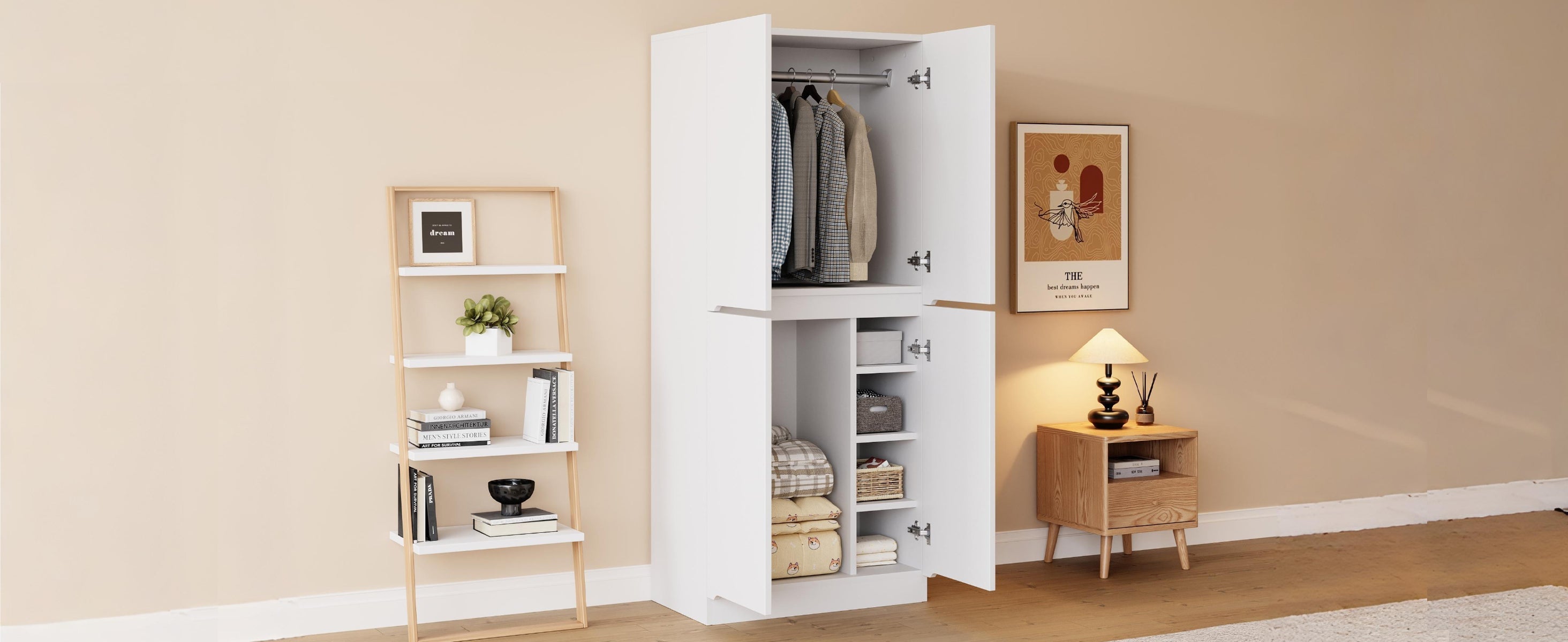 Tall Kitchen Cabinet with Ample Storage and Metal Accents, White and Wood Color