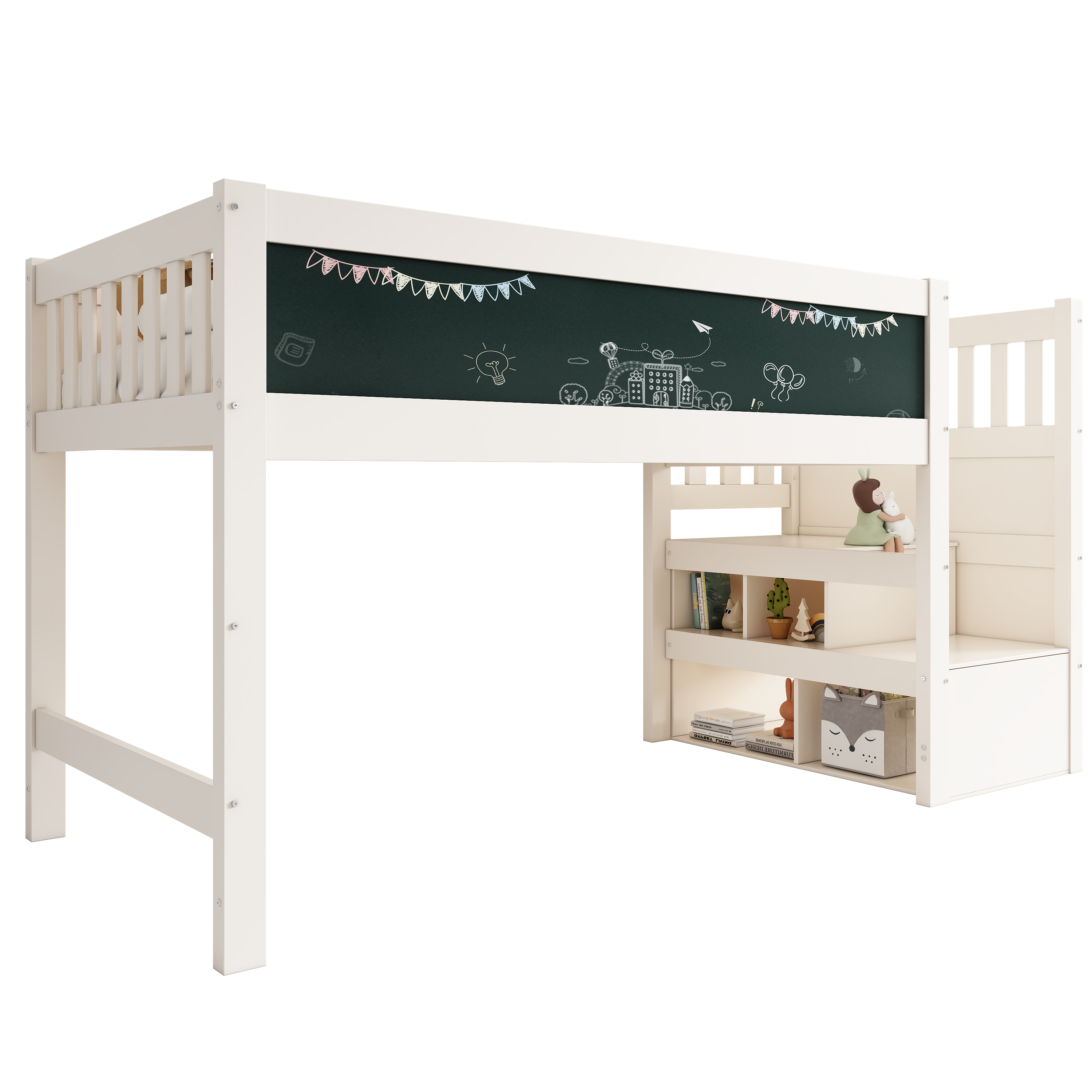 Children's Loft Bed with Whiteboard & Blackboard, Storage, 90 x 200 cm, White