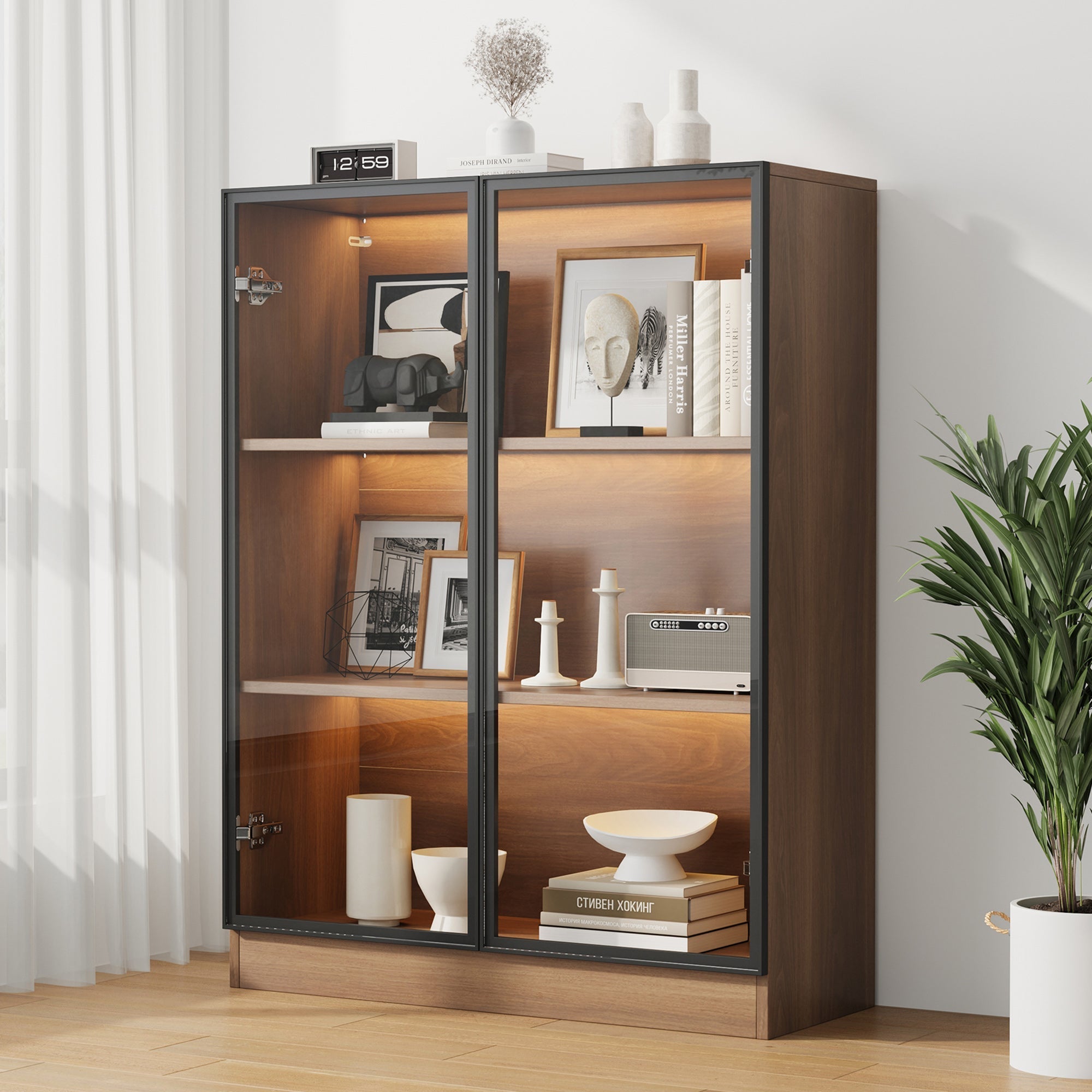 Glass Display Cabinet Collector's Stand LED Light 3-Tier Shelves Natural