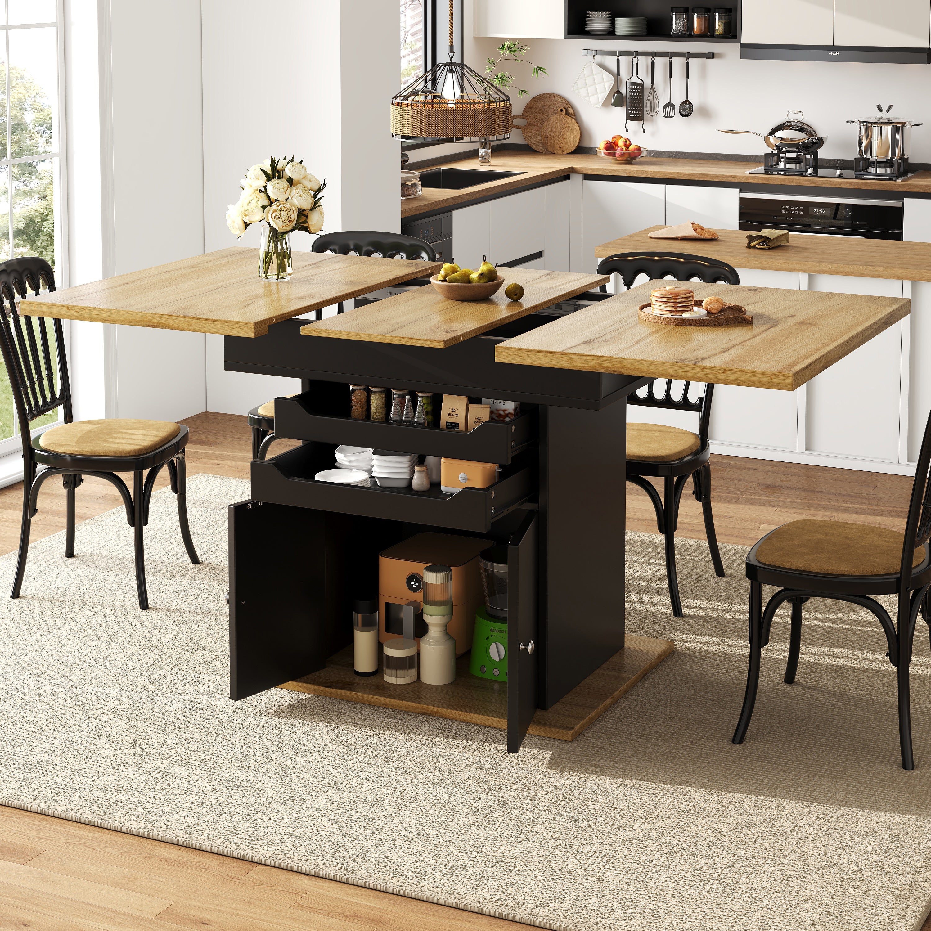 Telescopic Dining Table, Extendable Foldable 4-6 Person Storage, MDF Metal