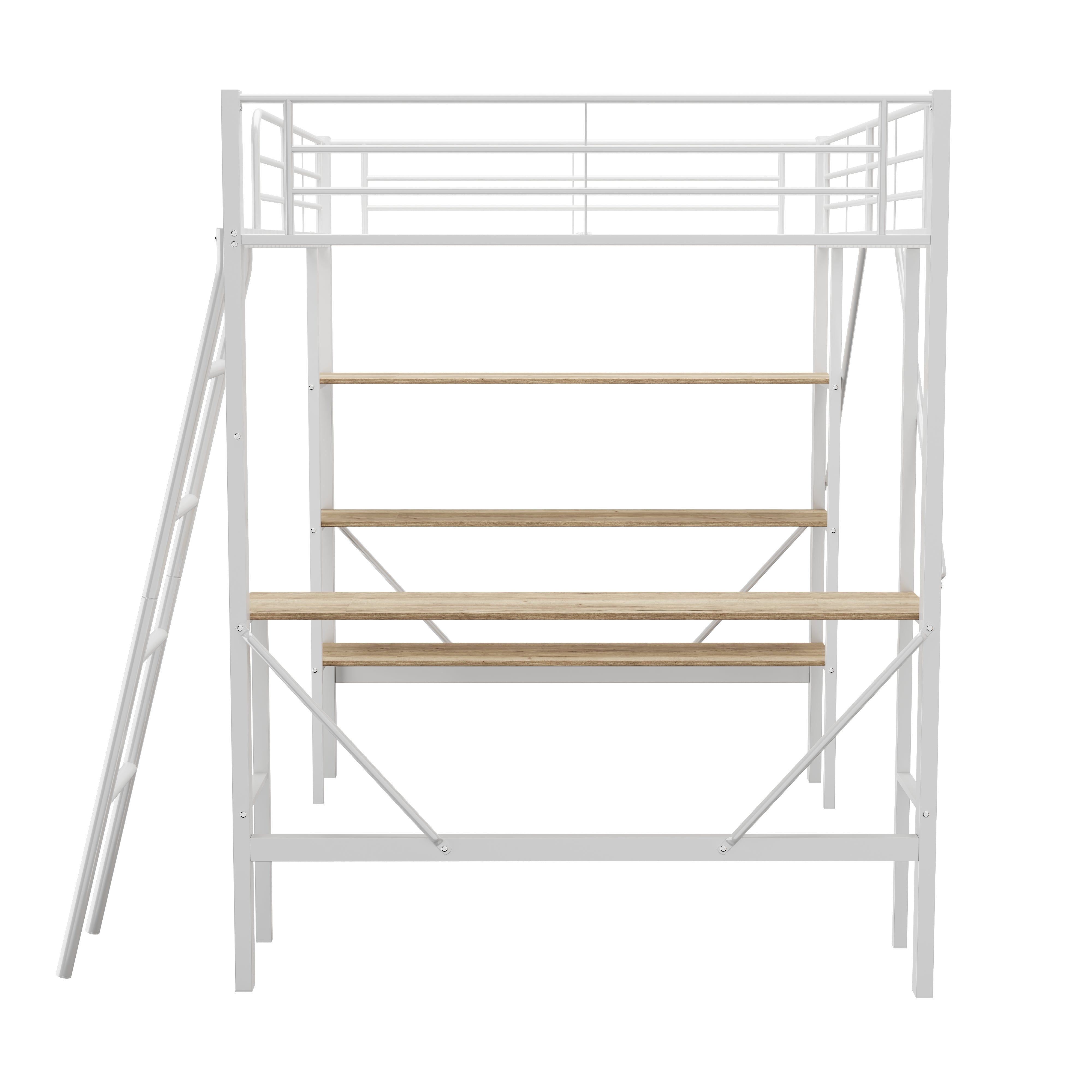 Loft Bed 90x200cm with Desk 3 Shelves - White Metal