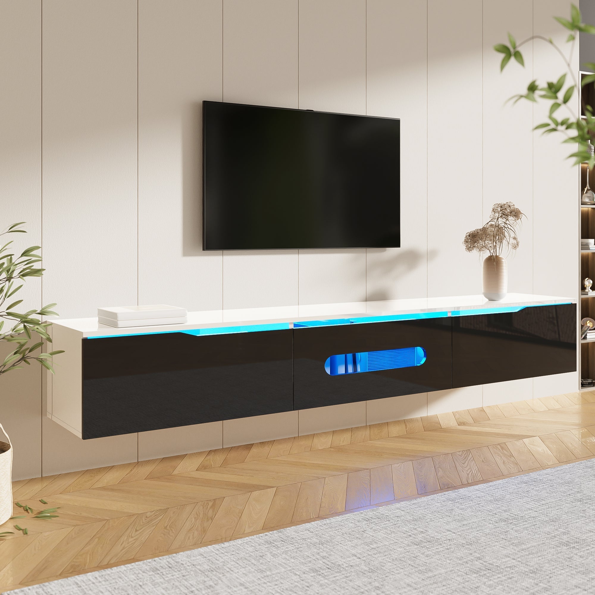 TV Cabinet 180cm LED Wall-Mountable High-Gloss Black and White