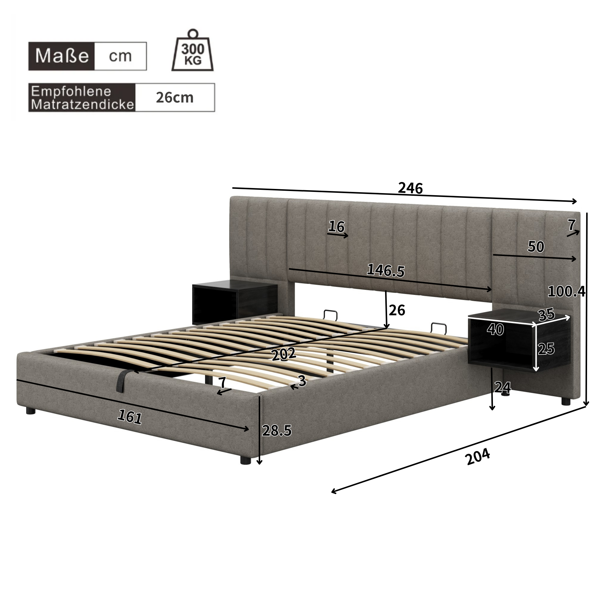Upholstered Bed 160 x 200 cm with Hydraulic Storage and 2 Bedside Tables, Grey and Black Linen