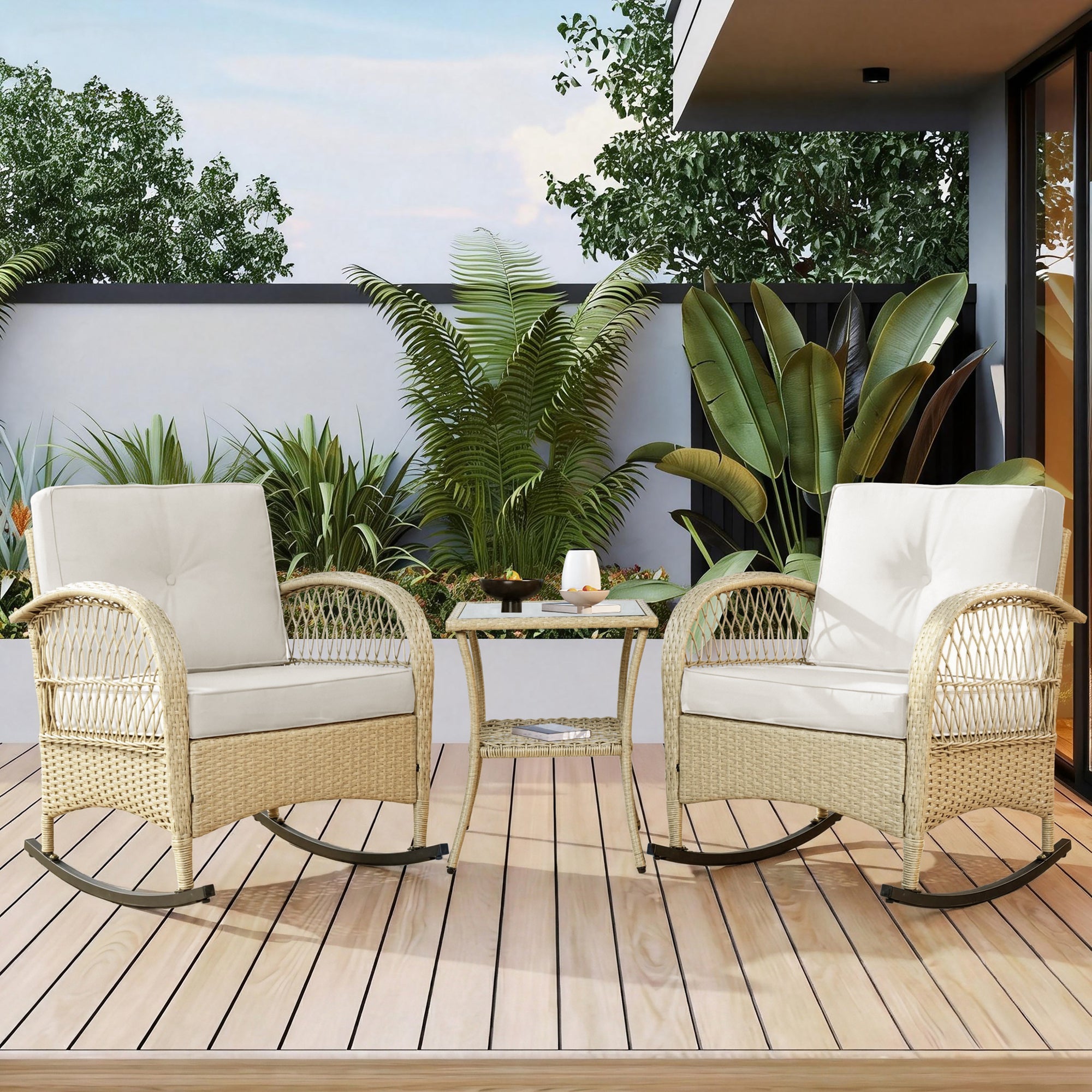 Rattan Balcony Furniture Set, 3-Piece Rocking Chairs with Cushions and 160kg Capacity, Beige Rattan