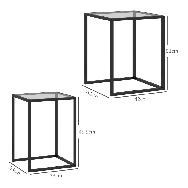 Nesting Tables Set of 2, Side End Table with Tempered Glass Top and Steel Frame, Black