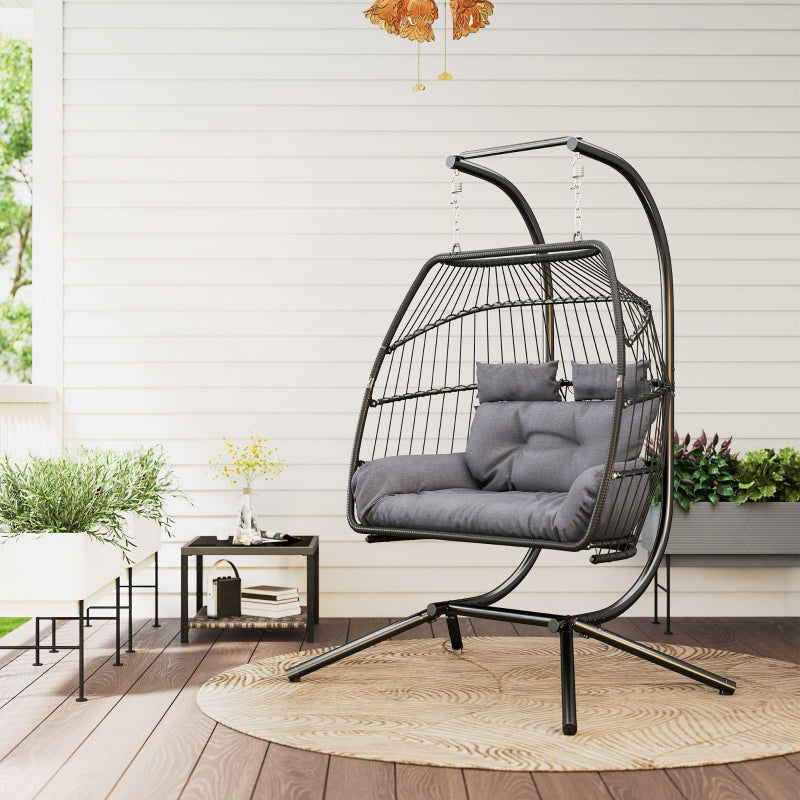 Hanging Chair with Frame, Foldable Basket with Cushion, Ergonomic Swing for 2 people, 260 kg capacity, Dark Gray