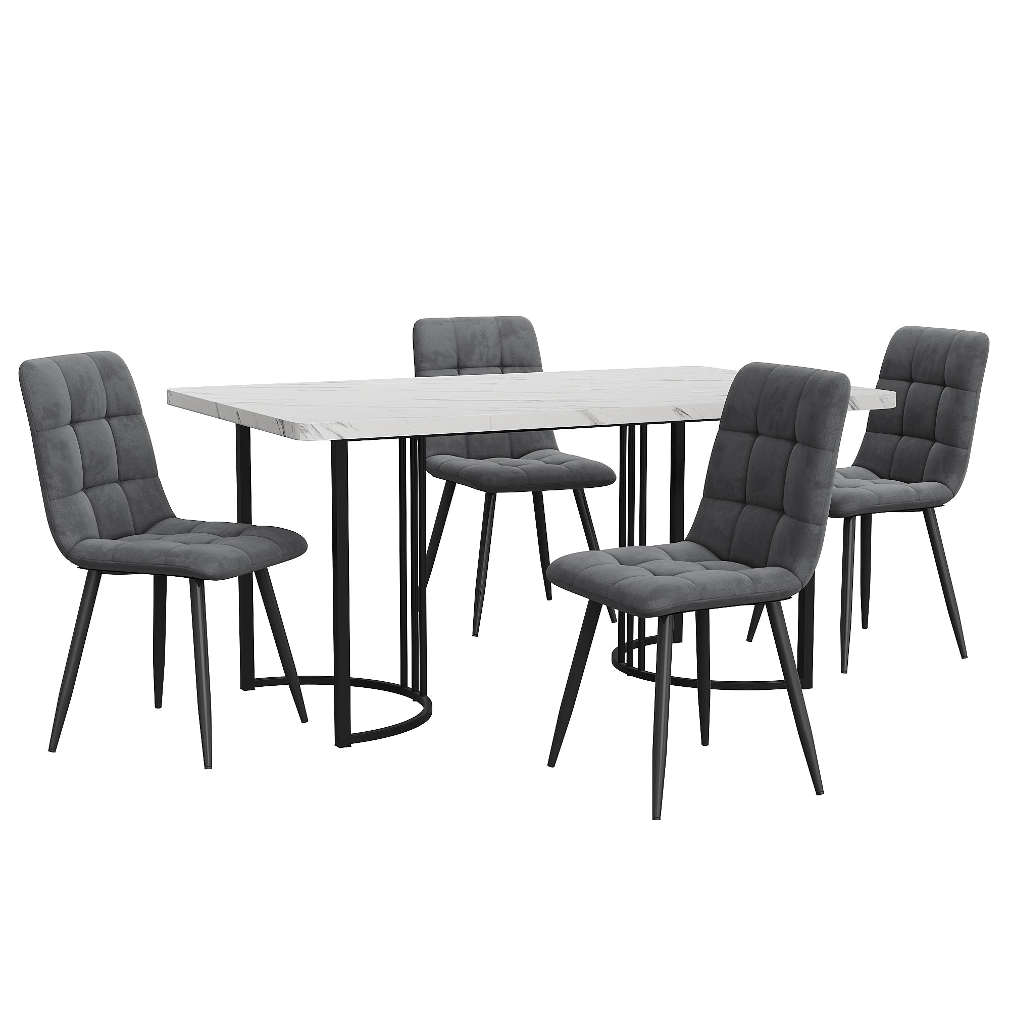 5-Piece Dining Set 140x80cm Modern Black Metal Legs White MDF Dark Grey Velvet Chairs