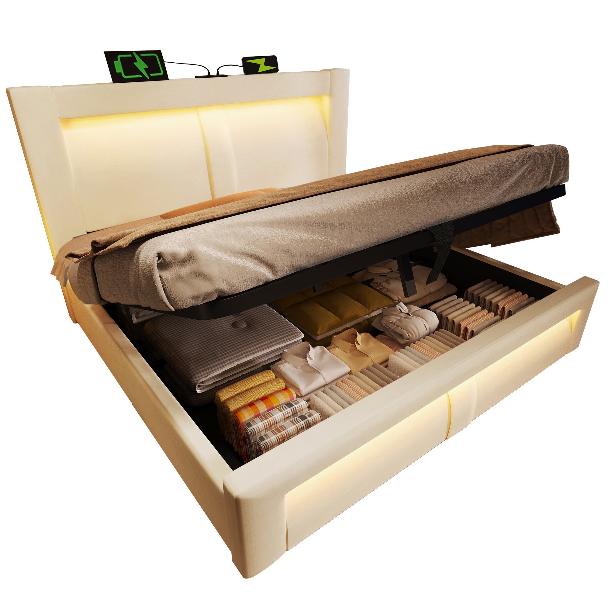 Double Bed with Hydraulic Storage, LED Lighting and Charging Ports, Beige Velvet