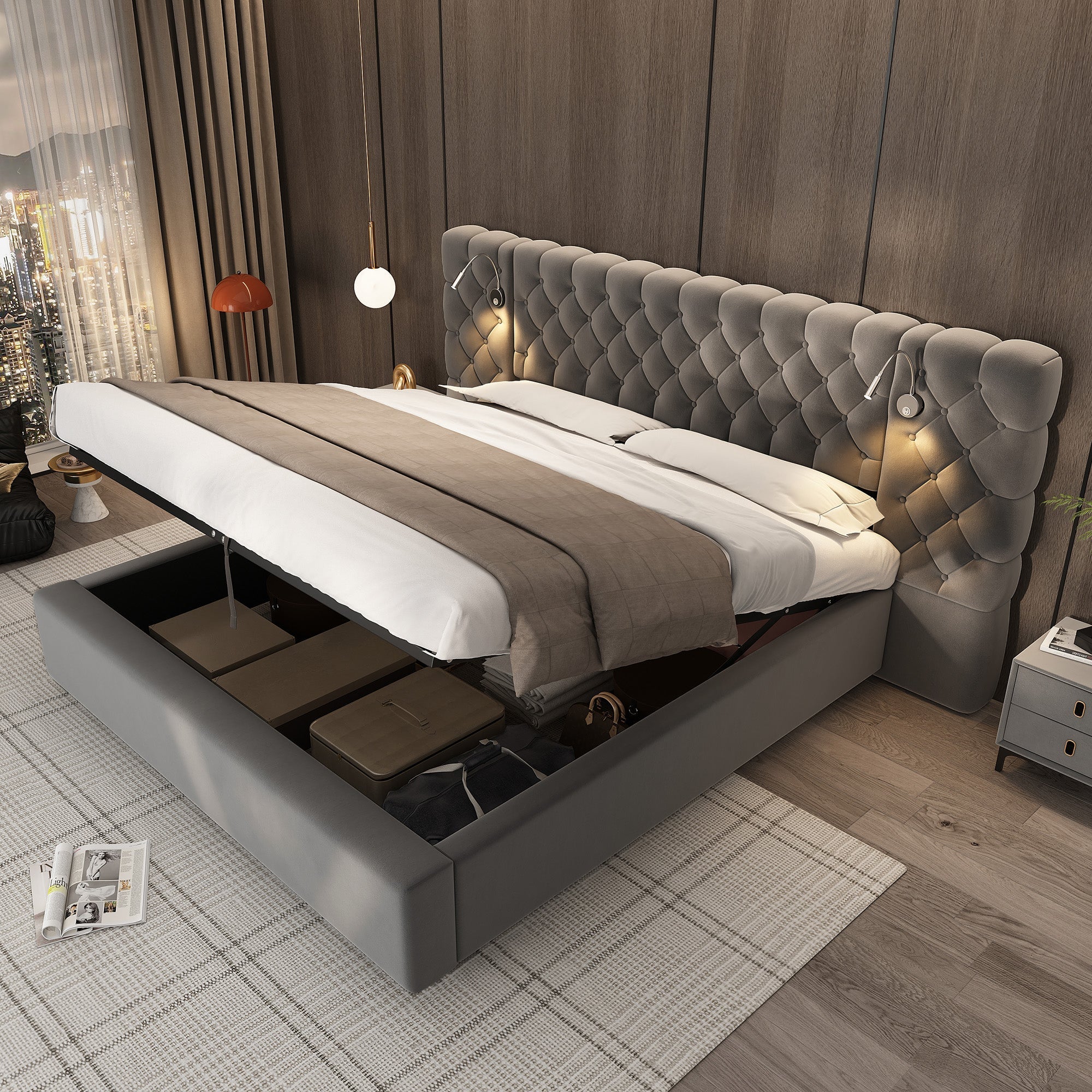 Upholstered Double Bed 180x200cm Hydraulic Storage LED Wide Headboard - Velvet Grey