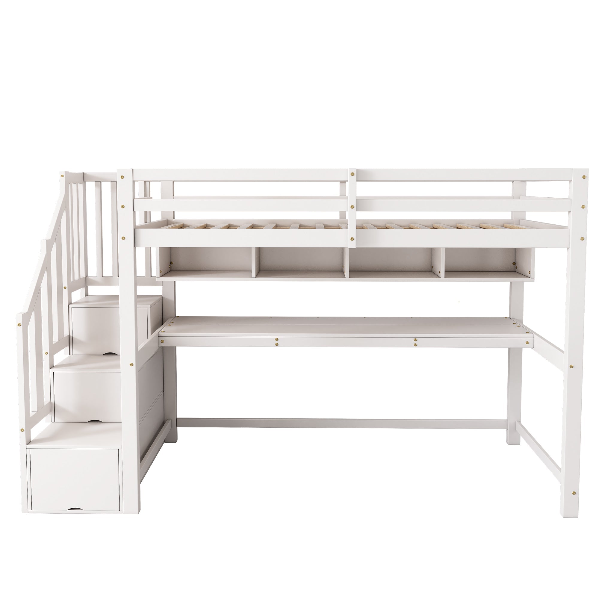 Loft Bed with Storage Stairs, Desk and Shelves, 90x200cm, White Solid Wood + MDF