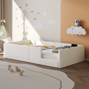 Upholstered Platform Bed with Safety Railing and Charging Station, 90x200cm, White Velvet