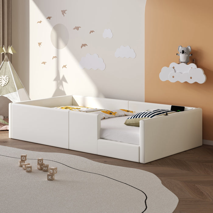 Upholstered Platform Bed with Safety Railing and Charging Station, 90x200cm, White Velvet