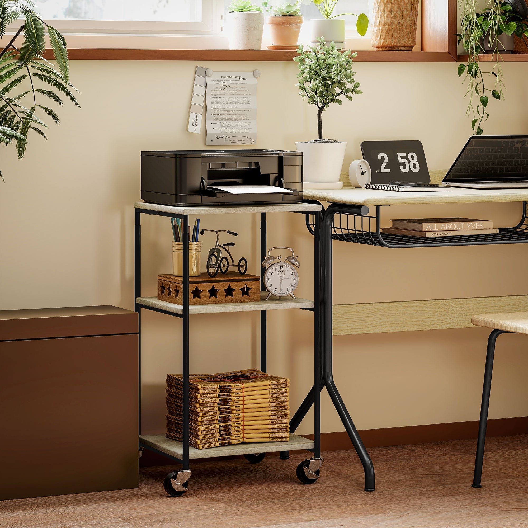 Printer Table, 3-Tier Stand with Casters, Steel
