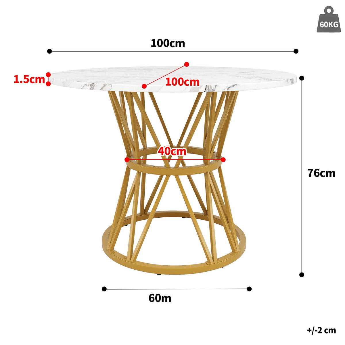Round Dining Table 100cm 4-Seater MDF Marble Top Gold